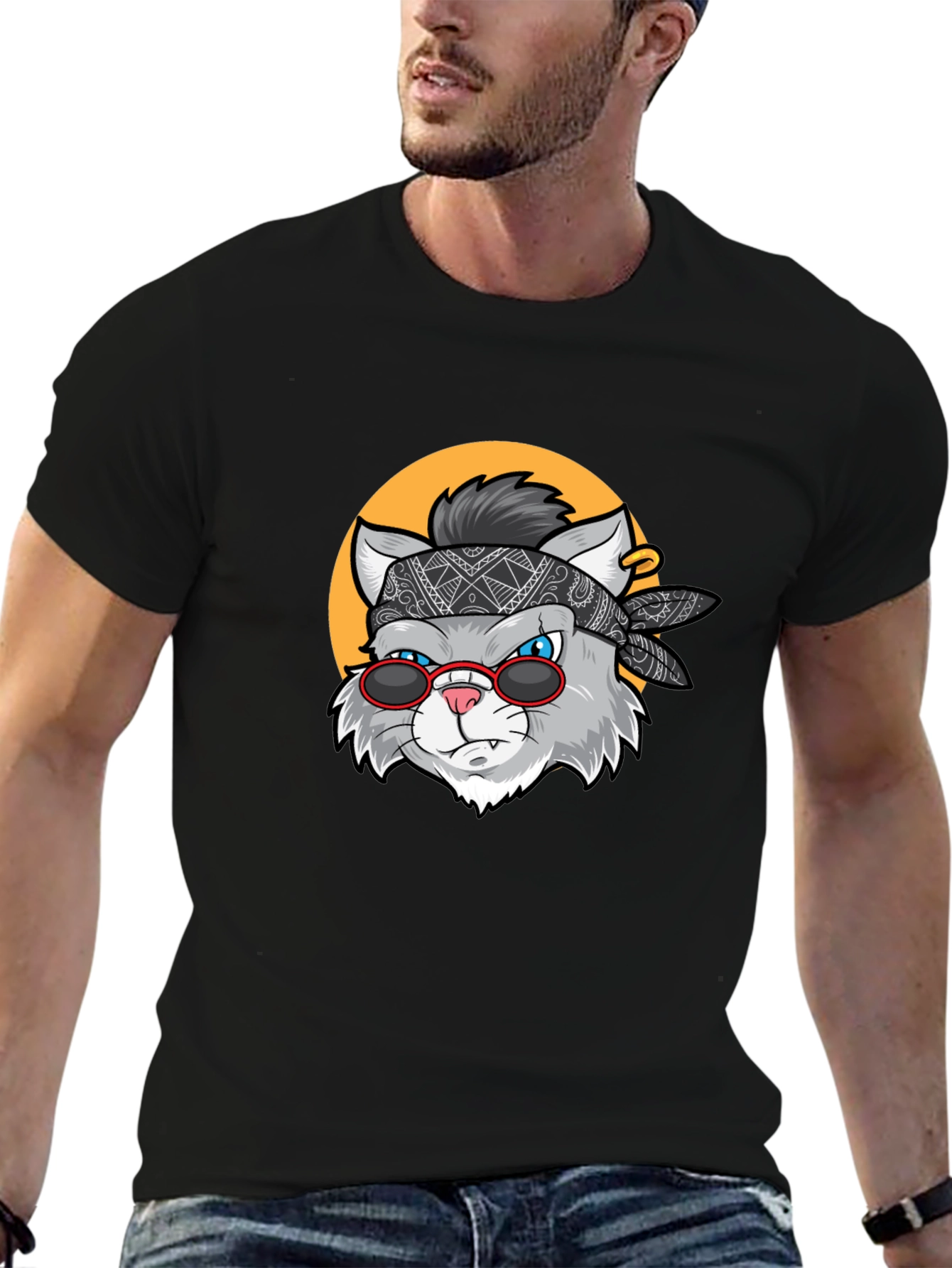 Cool Cat Graphic Tee - Black Crew Neck T-Shirt