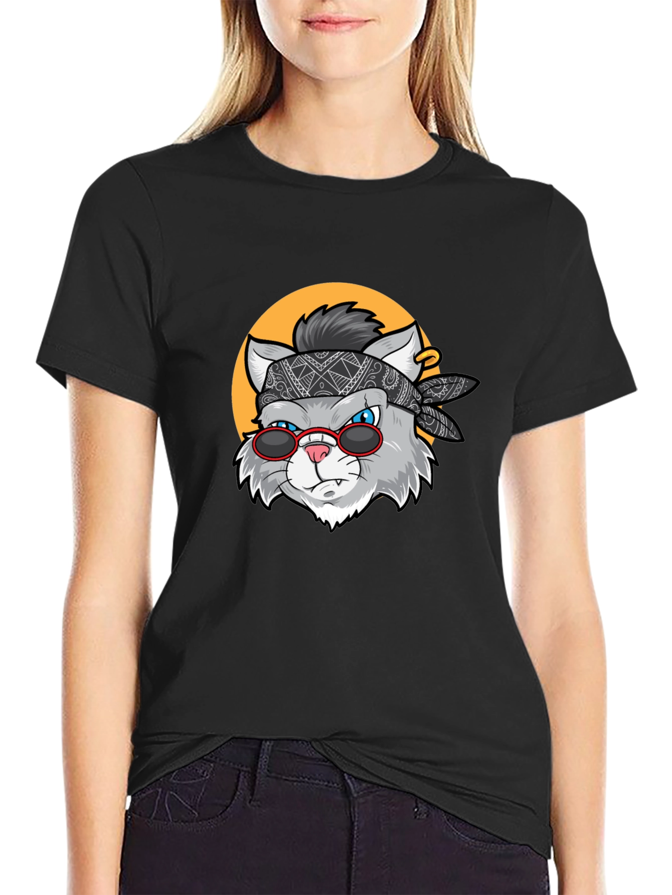 Cool Cat Graphic Tee - Black Crew Neck T-Shirt