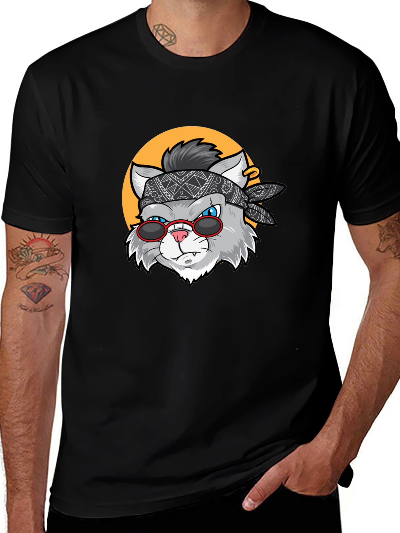 Cool Cat Graphic Tee - Black Crew Neck T-Shirt