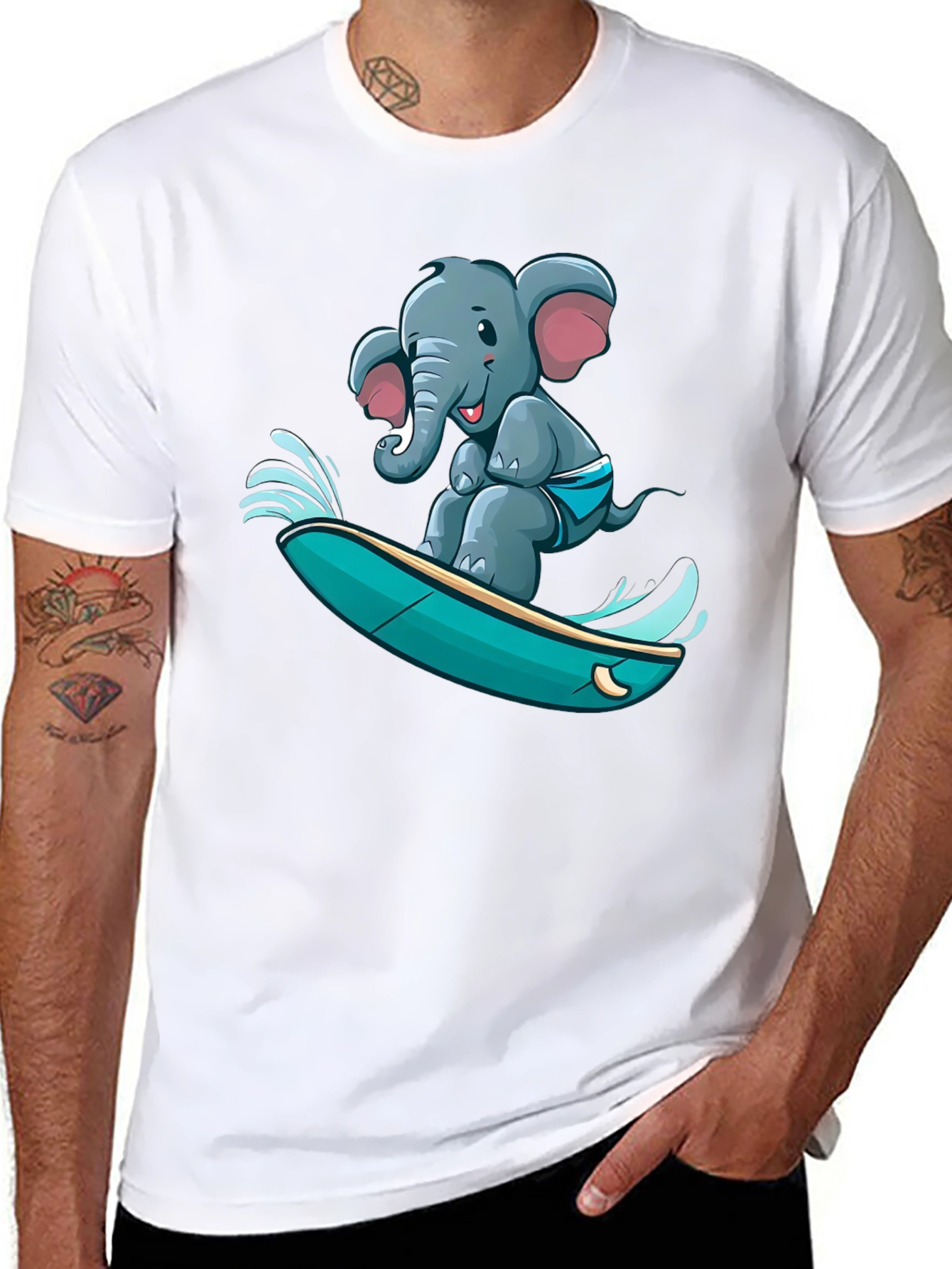 Surfing Elephant T-Shirt - Unique Cartoon Design