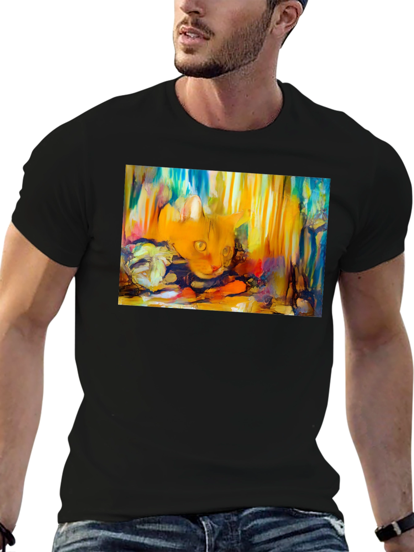 Abstract Cat Graphic Tee - Soft Black Cotton T-Shirt