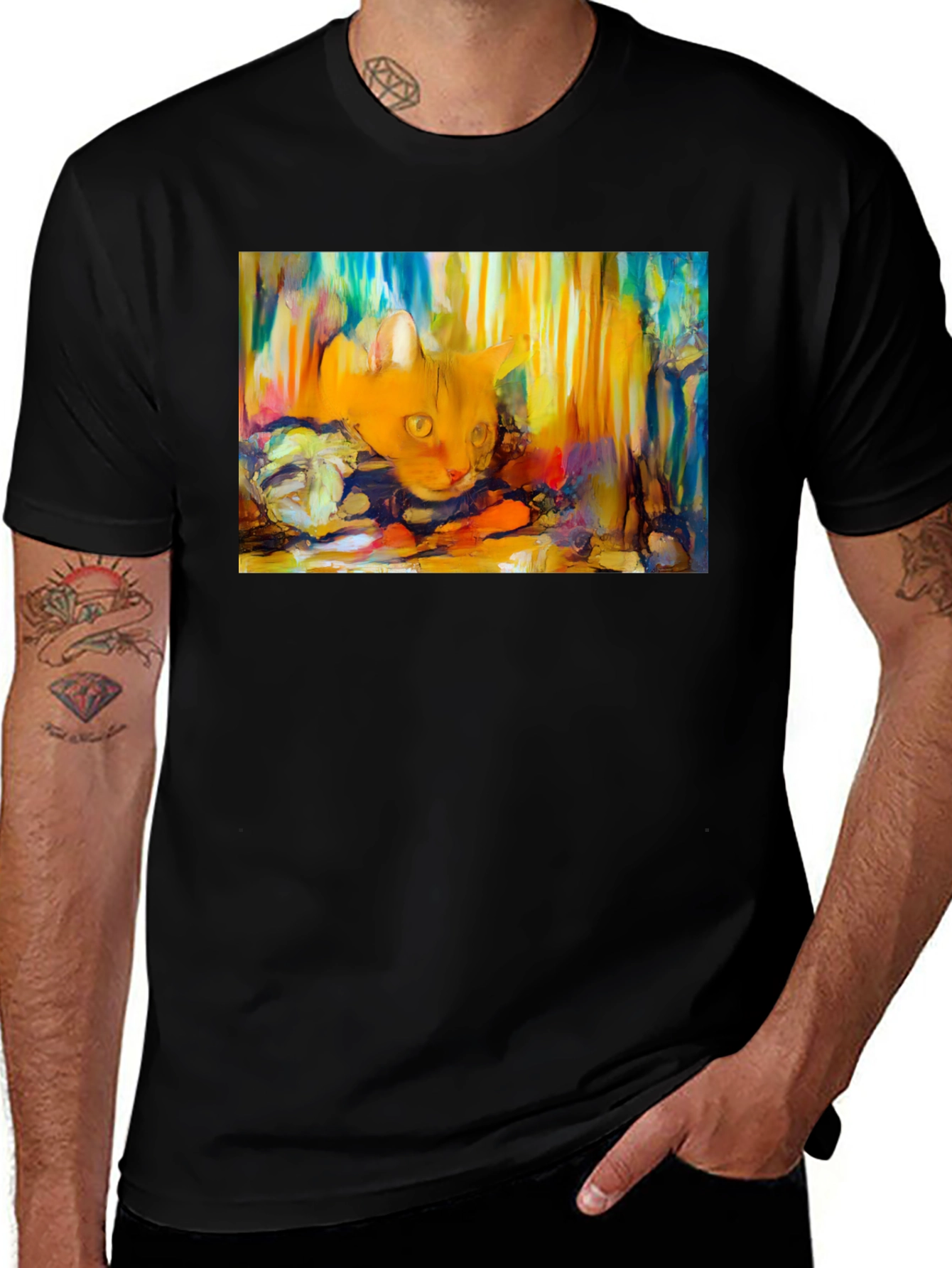 Abstract Cat Graphic Tee - Soft Black Cotton T-Shirt