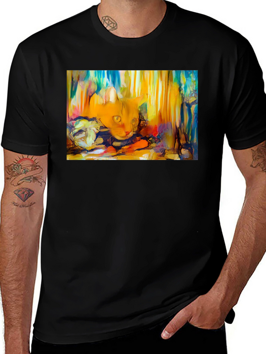 Abstract Cat Graphic Tee - Soft Black Cotton T-Shirt