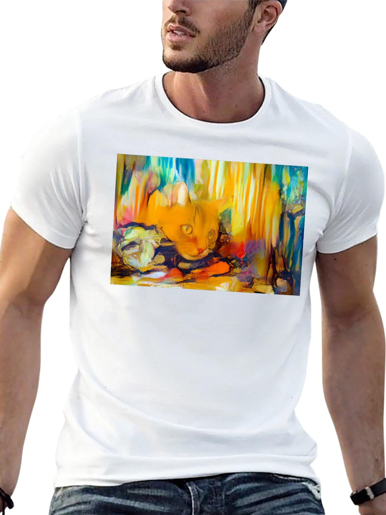 Abstract Cat Graphic Tee - Soft Black Cotton T-Shirt
