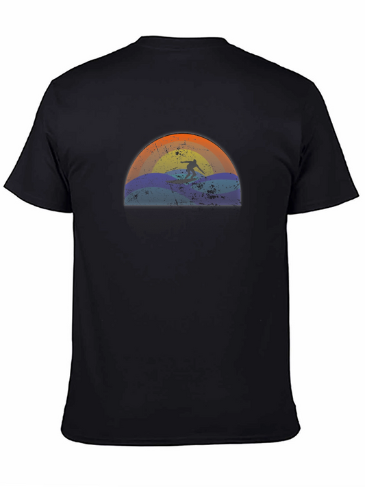 Surfing Sunset Graphic Tee - Black Cotton T-Shirt