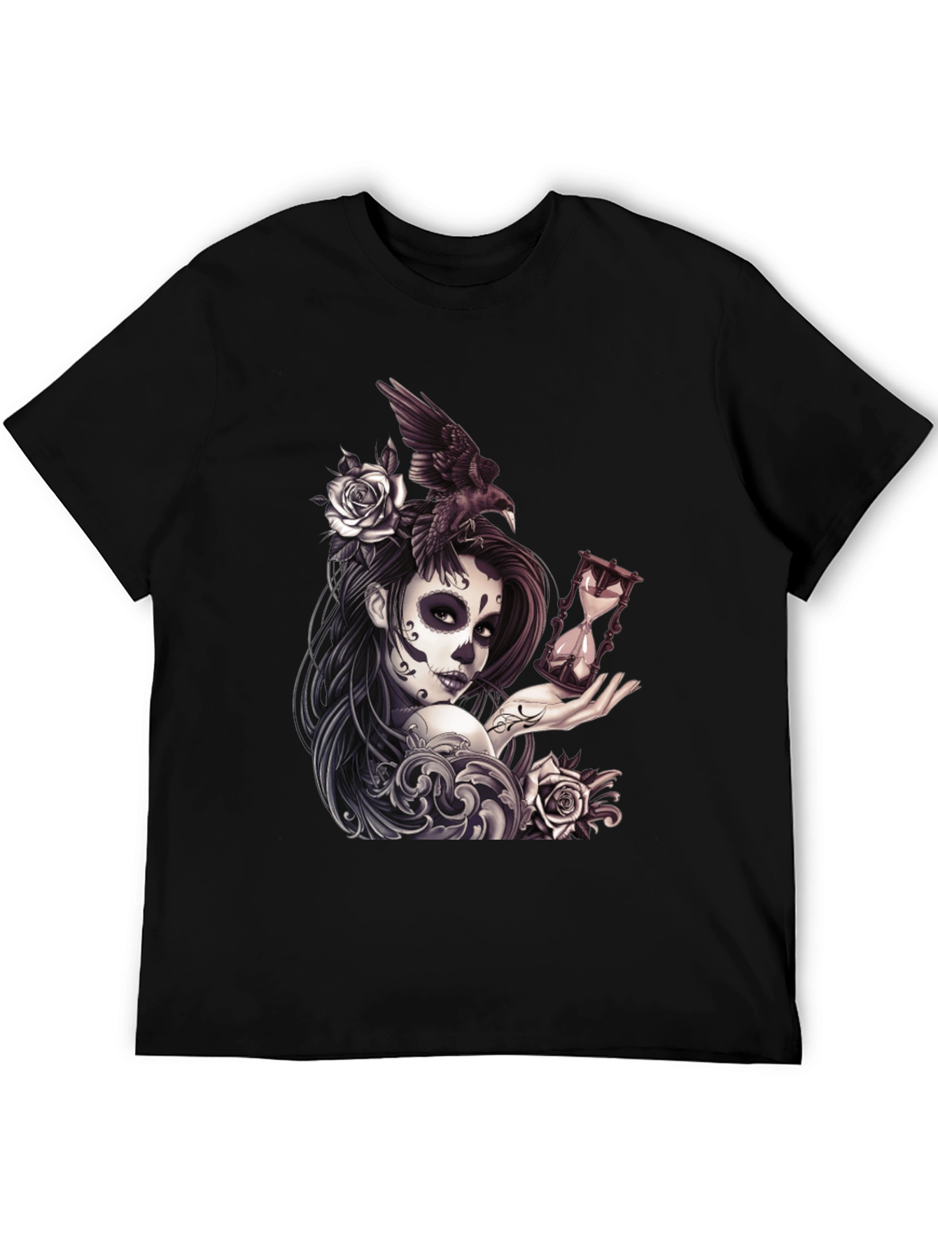 Day of the Dead T-Shirt with Raven and Hourglass