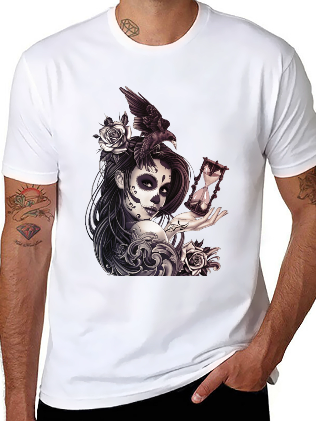 Day of the Dead T-Shirt with Raven and Hourglass
