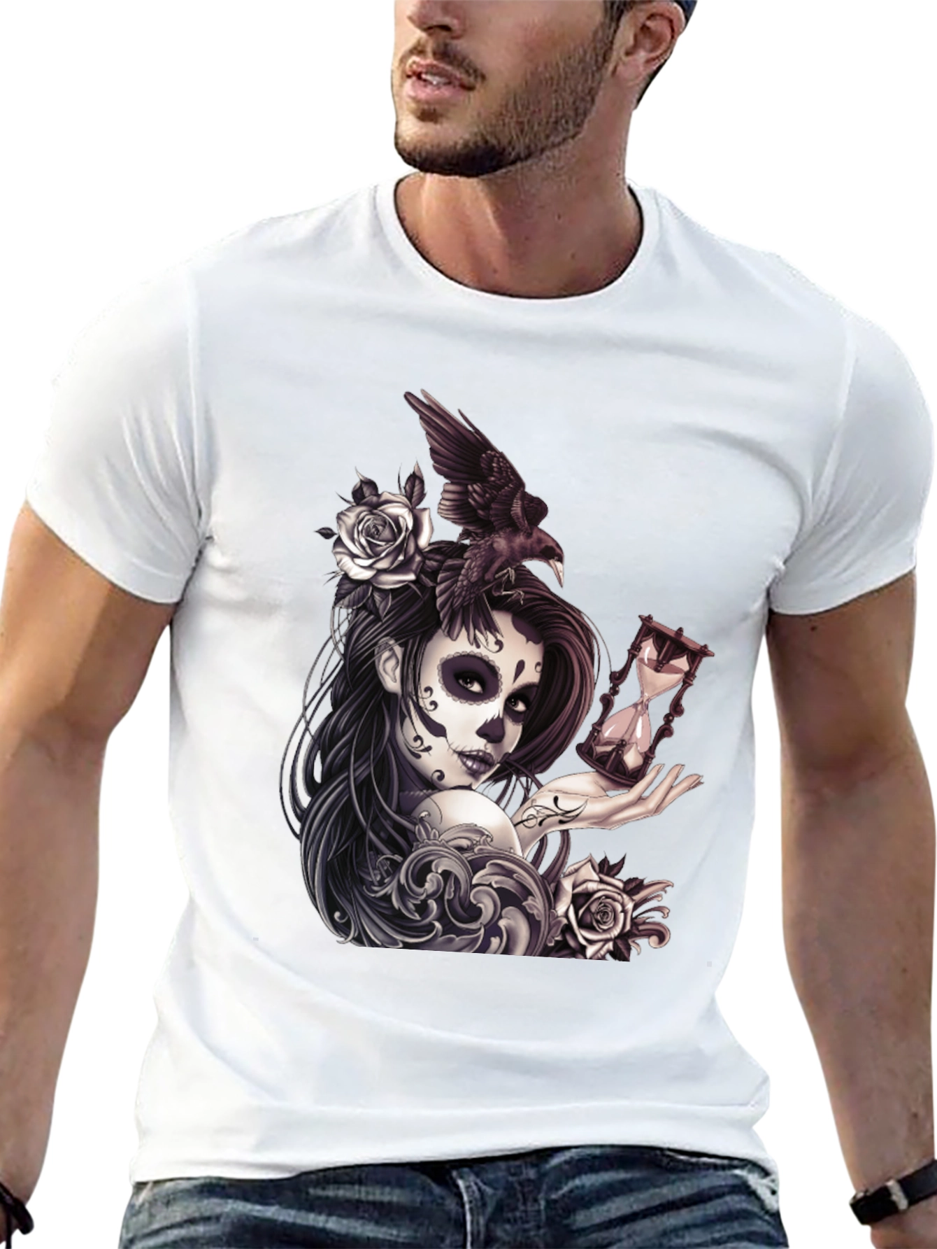 Day of the Dead T-Shirt with Raven and Hourglass