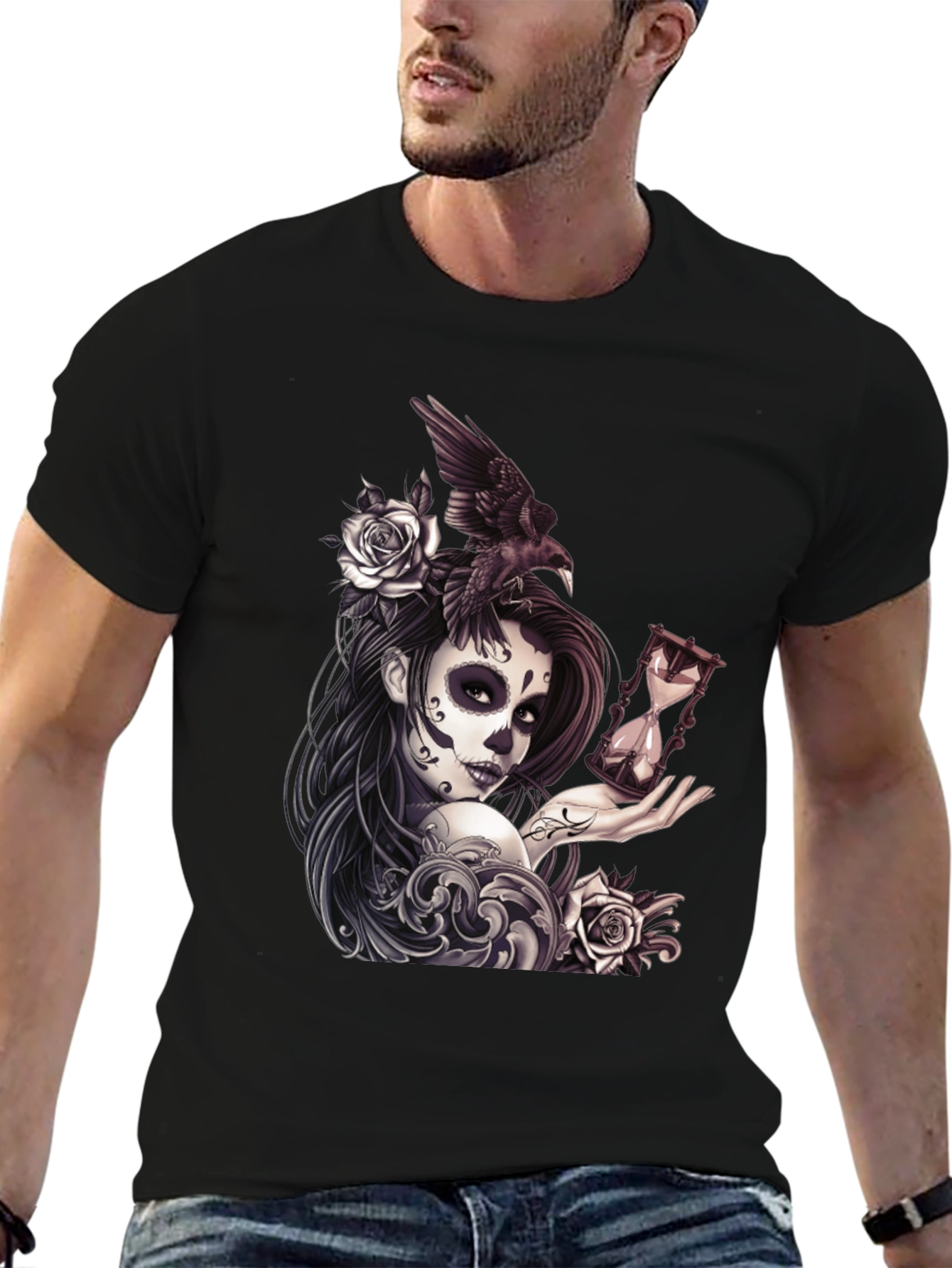Day of the Dead T-Shirt with Raven and Hourglass