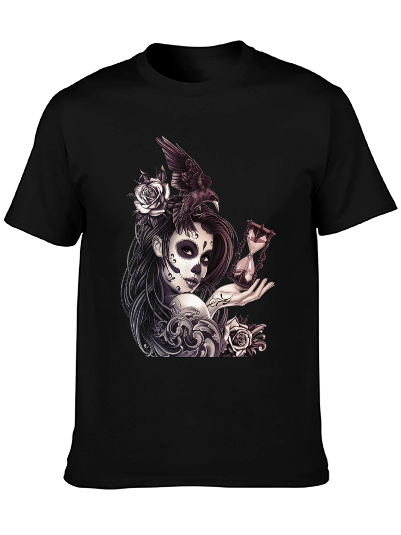 Day of the Dead T-Shirt with Raven and Hourglass
