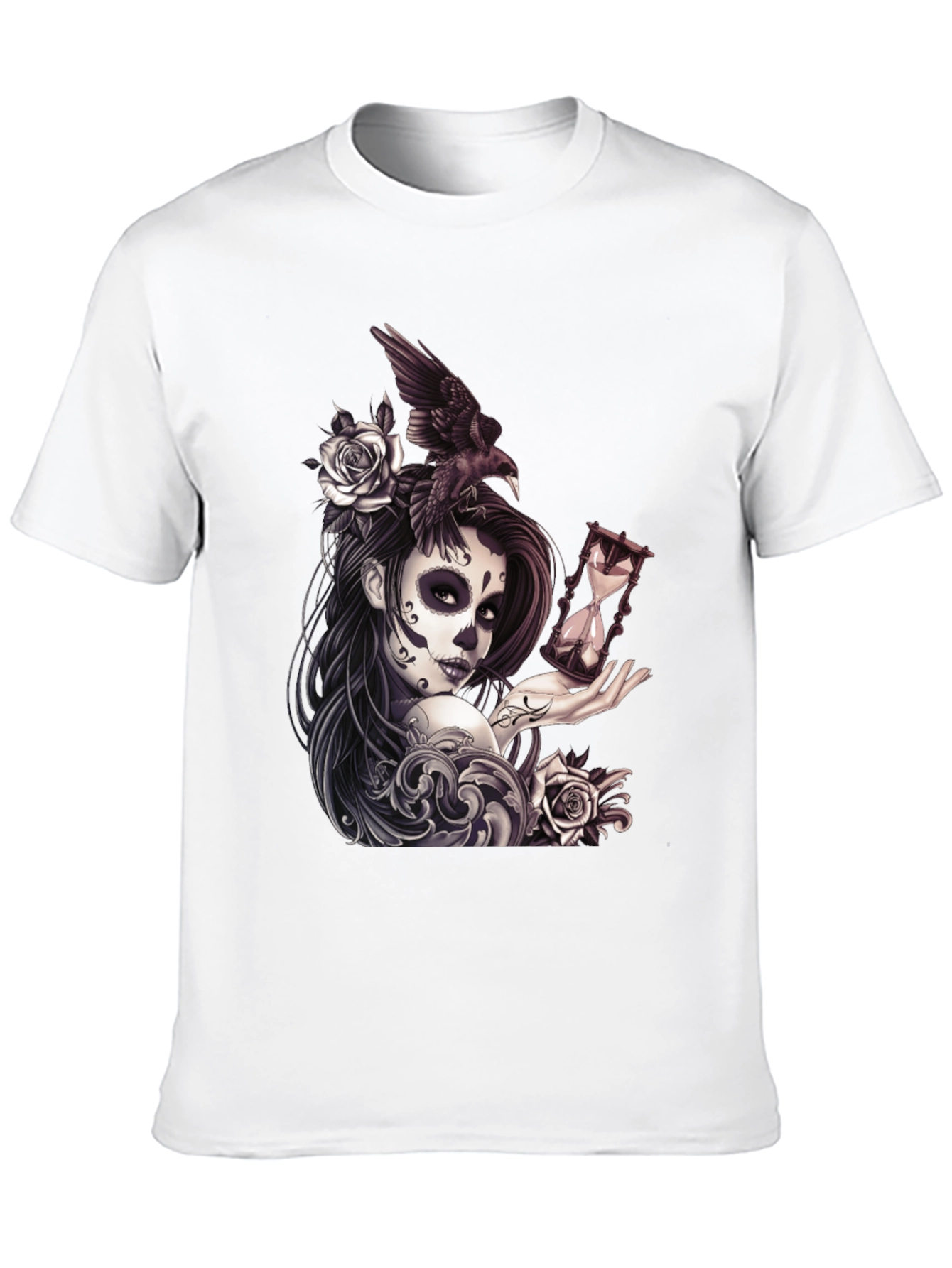 Day of the Dead T-Shirt with Raven and Hourglass