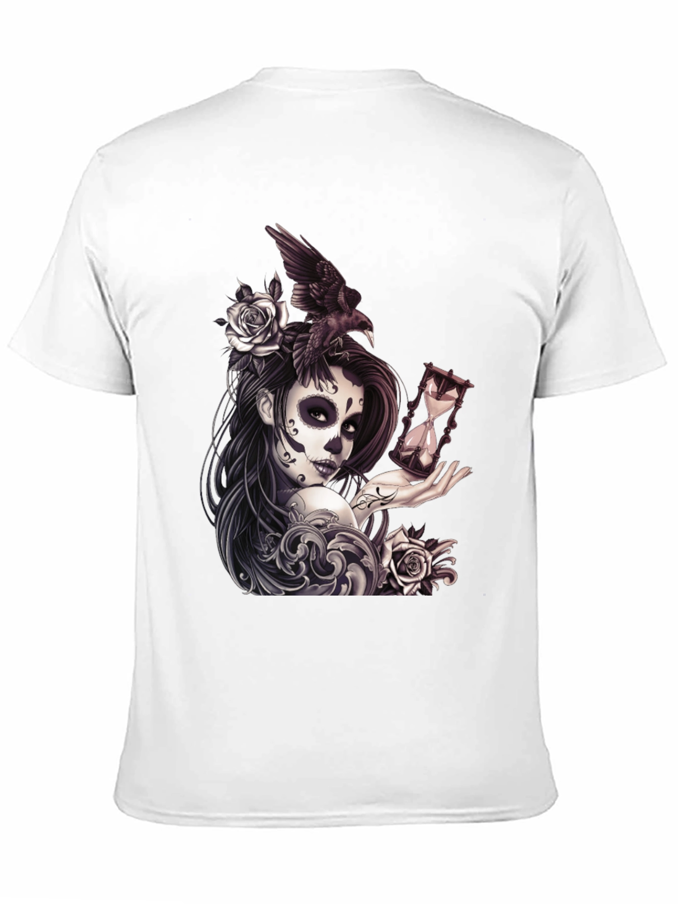Day of the Dead T-Shirt with Raven and Hourglass