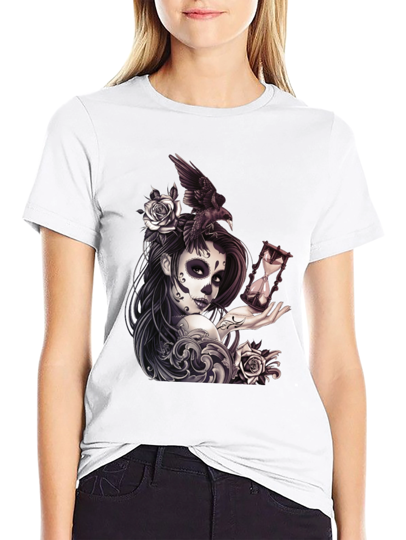 Day of the Dead T-Shirt with Raven and Hourglass