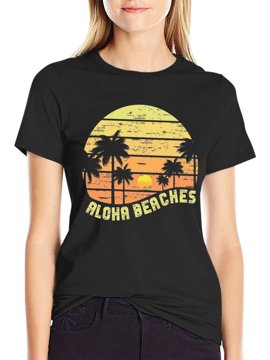 Aloha Beaches Graphic Tee - Tropical Palm Tree Sunset Shirt