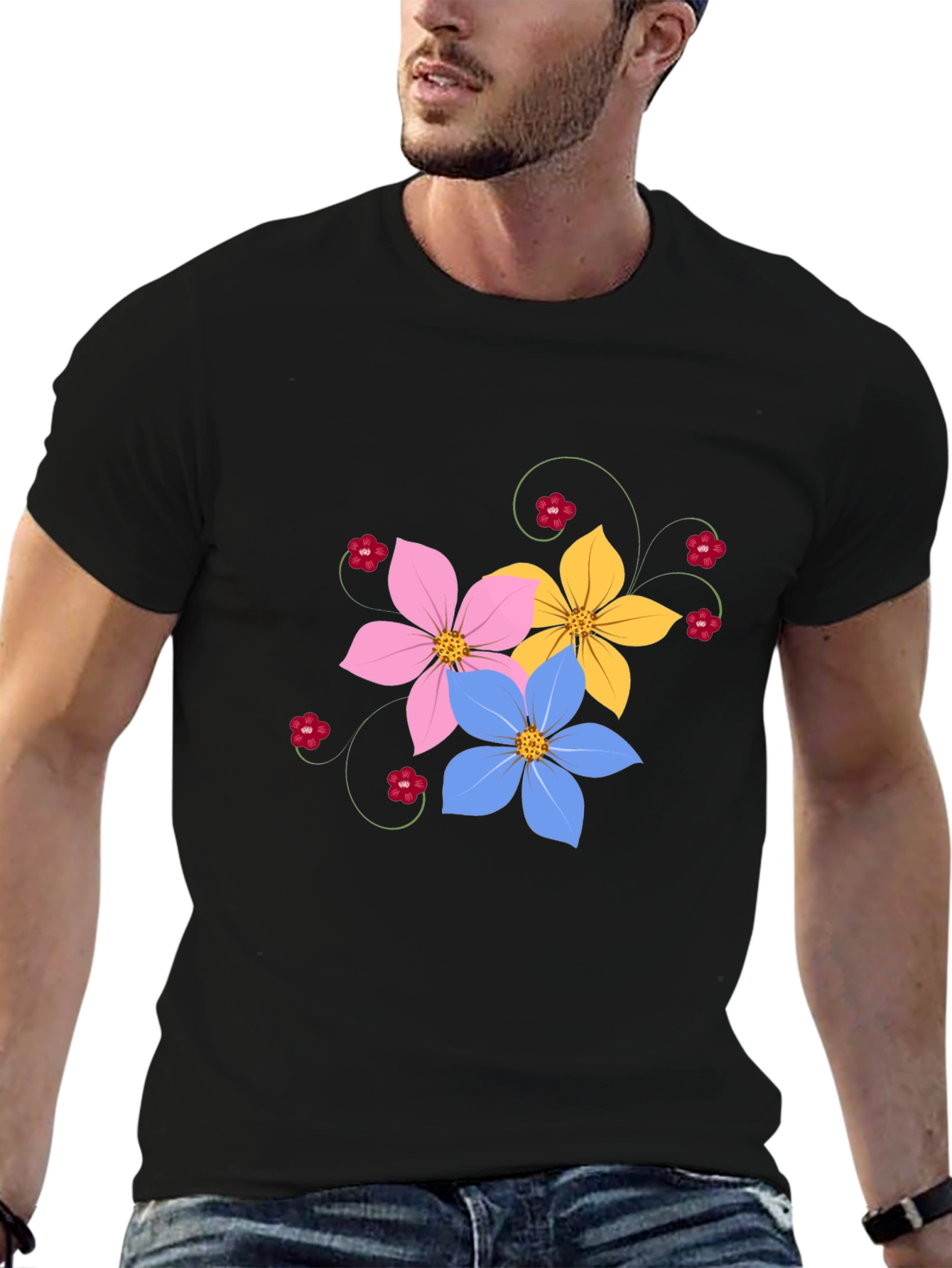 Floral Graphic Black T-Shirt for Men