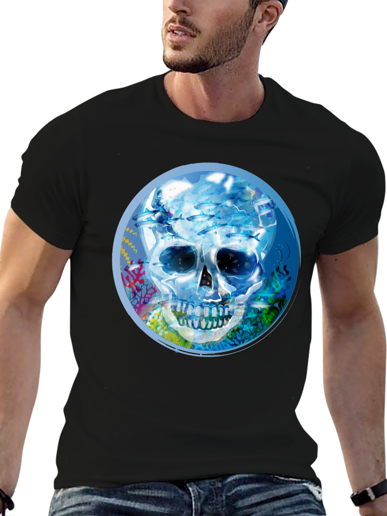 Skull Undersea Print Black T-Shirt