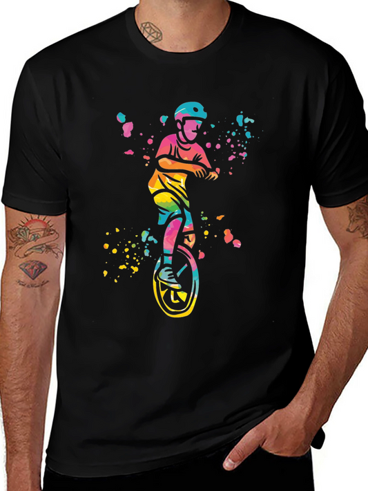 Unicycle Kid Black Graphic Tee - Colorful Watercolor Design