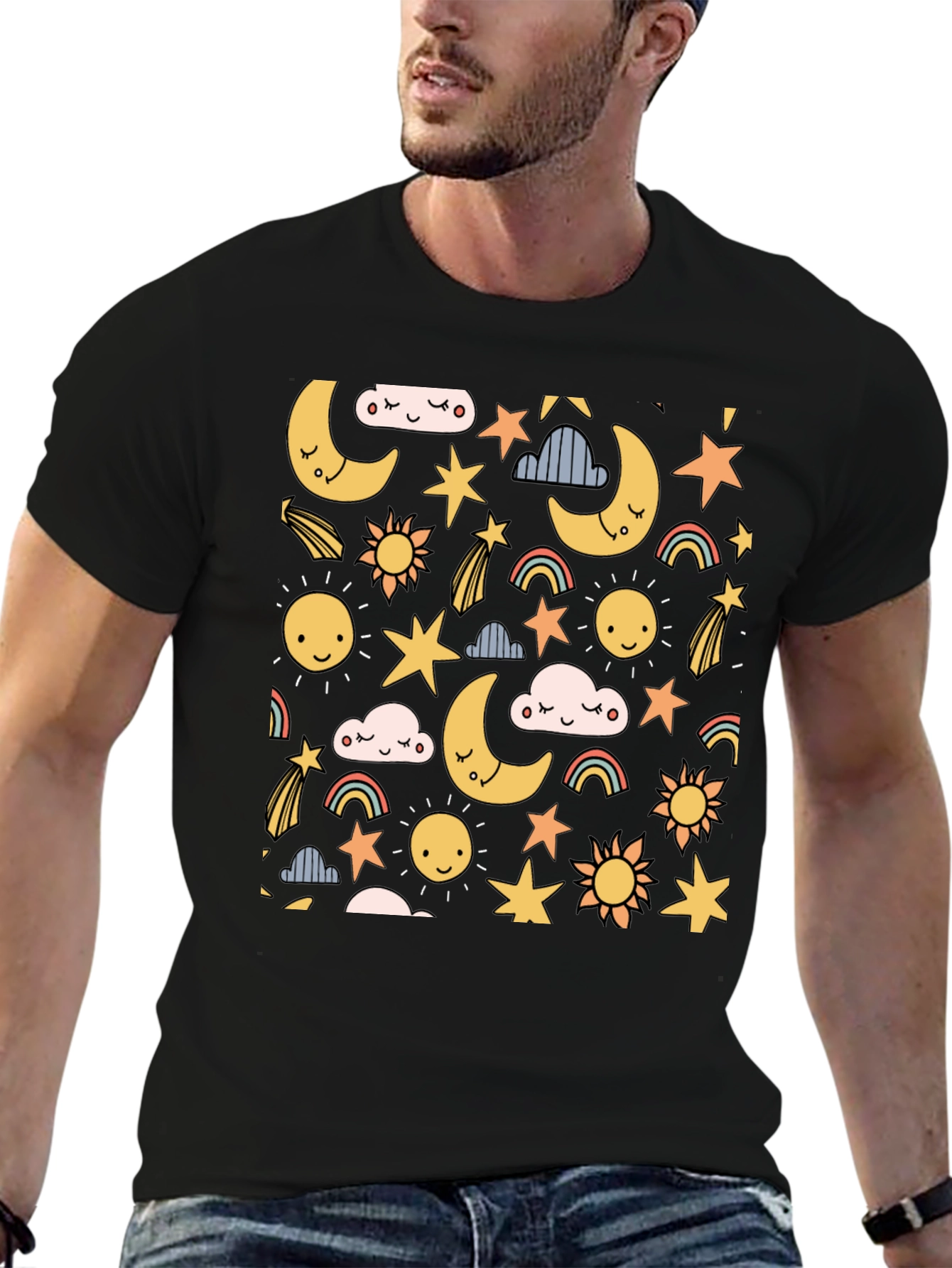 Celestial Dreams T-Shirt: Moon Stars & Sun Design