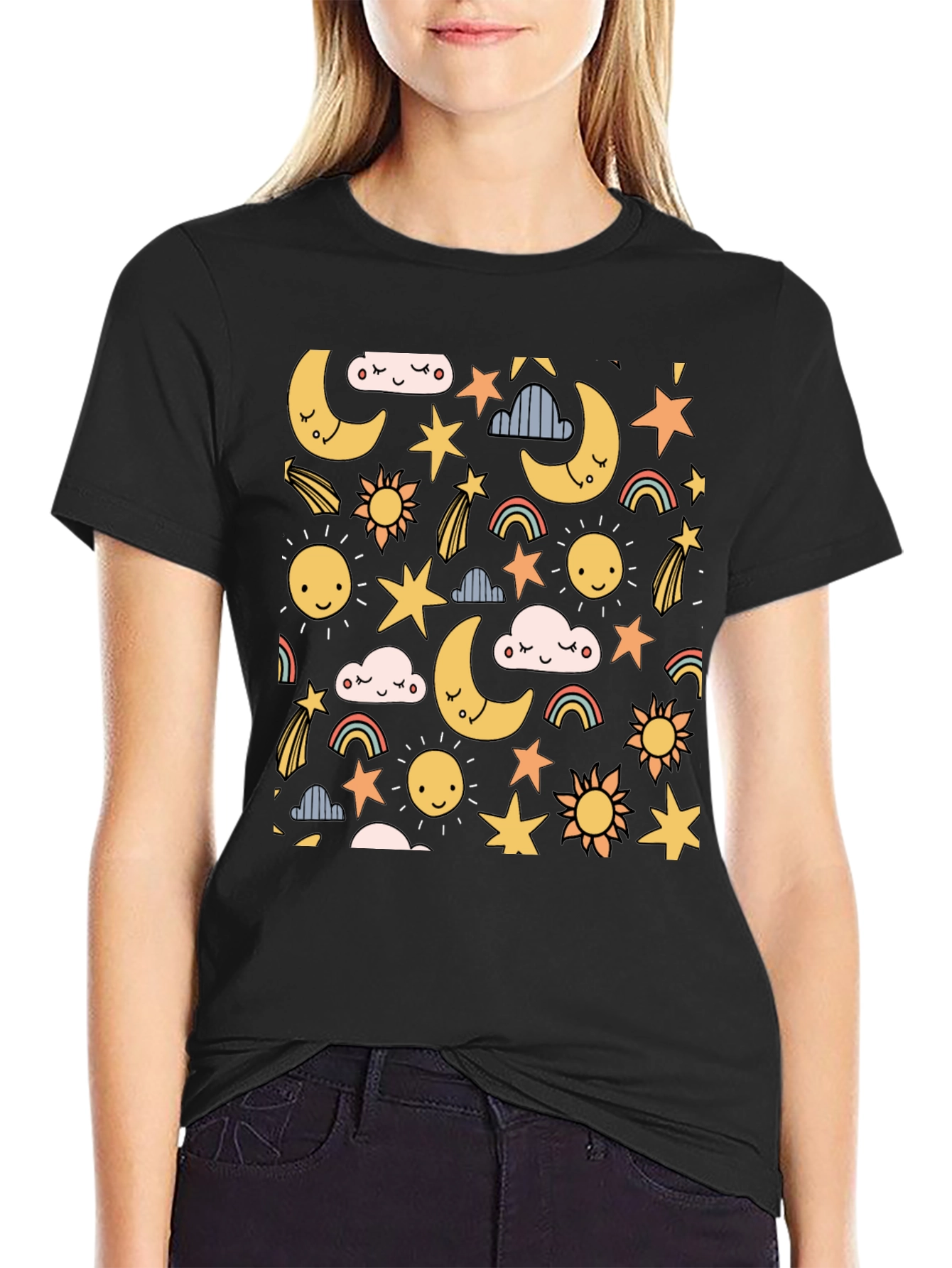 Celestial Dreams T-Shirt: Moon Stars & Sun Design