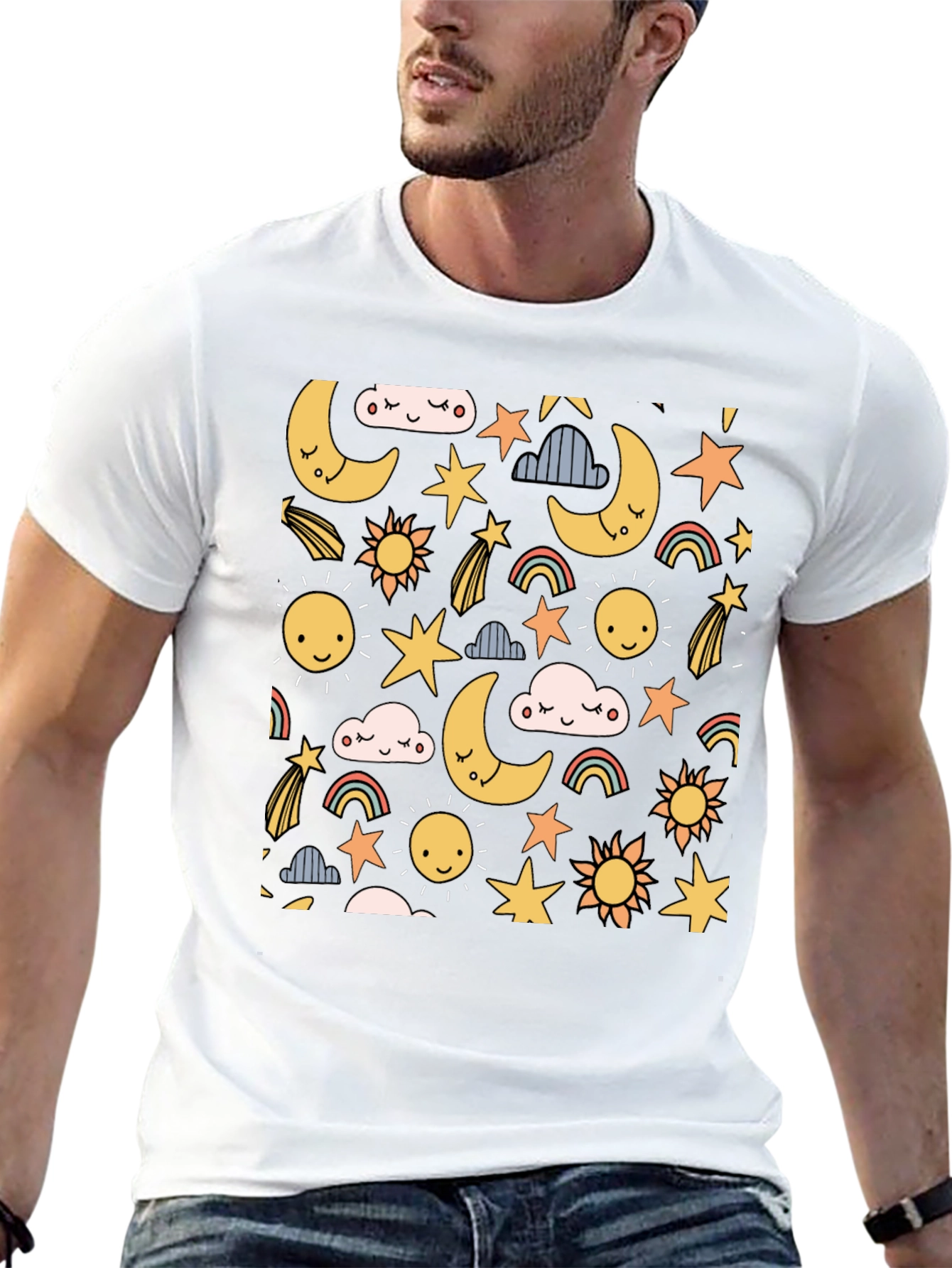 Celestial Dreams T-Shirt: Moon Stars & Sun Design