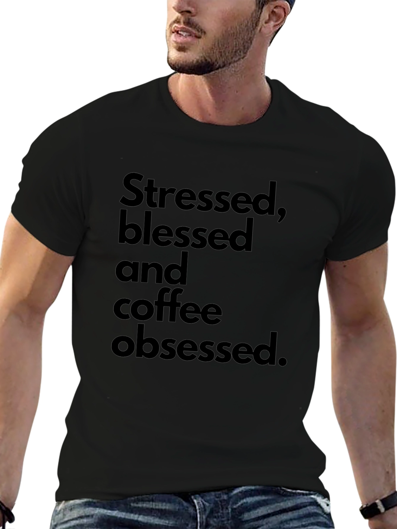 Stressed Blessed Coffee Obsessed Black T-Shirt