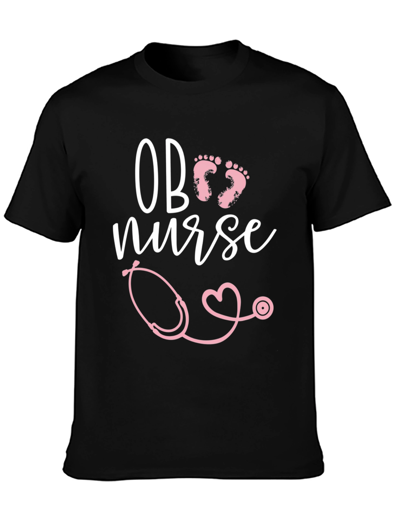 OB Nurse T-Shirt: Pink Stethoscope & Baby Footprints