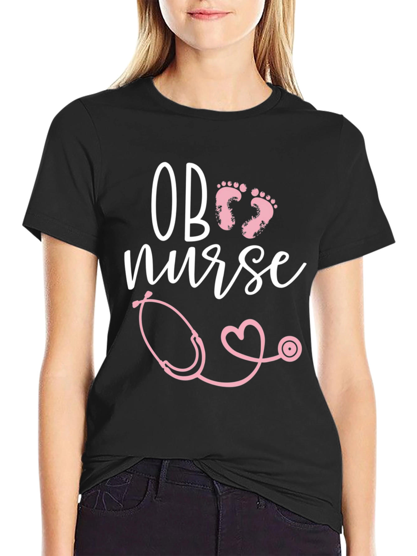 OB Nurse T-Shirt: Pink Stethoscope & Baby Footprints