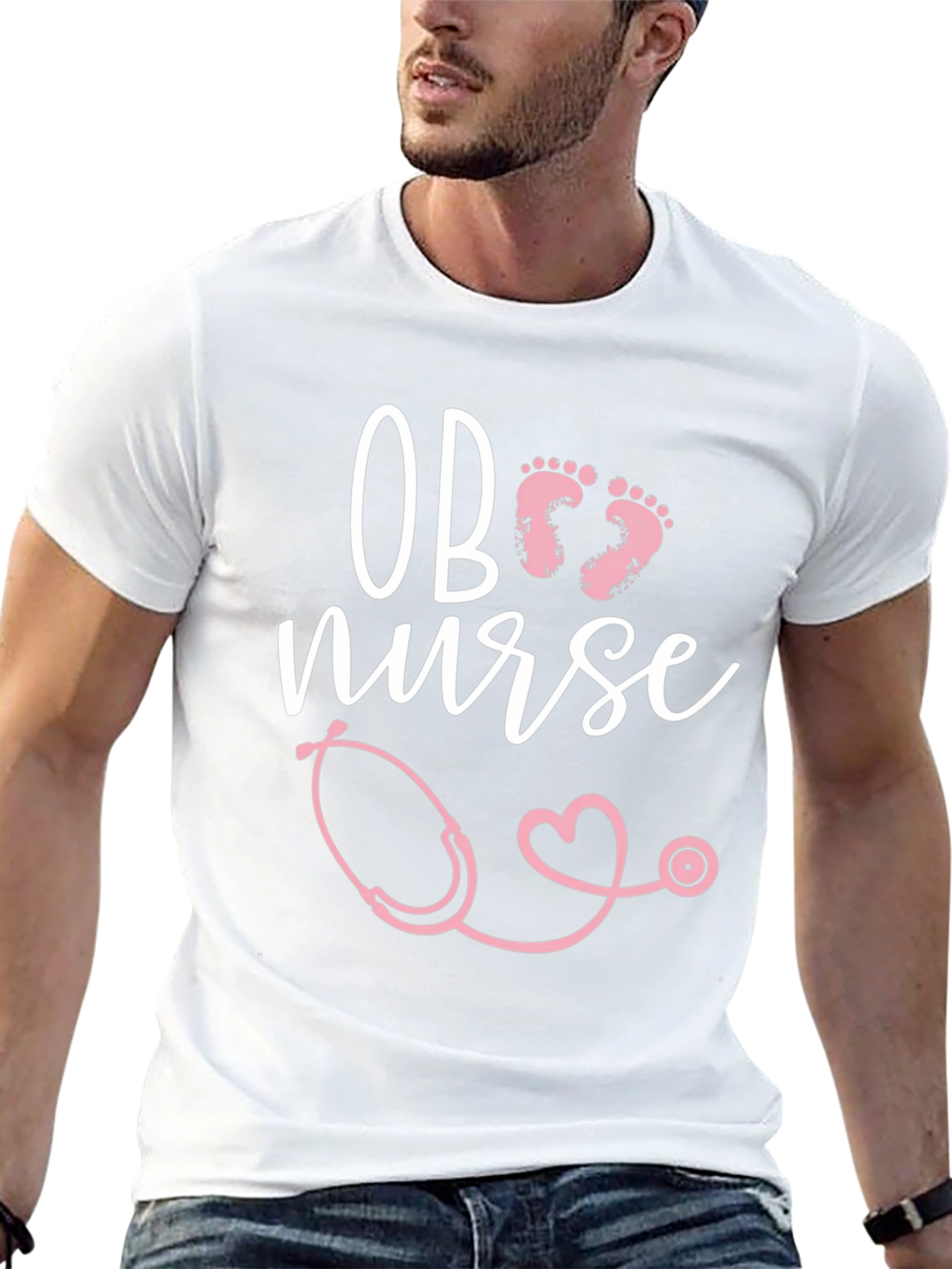 OB Nurse T-Shirt: Pink Stethoscope & Baby Footprints