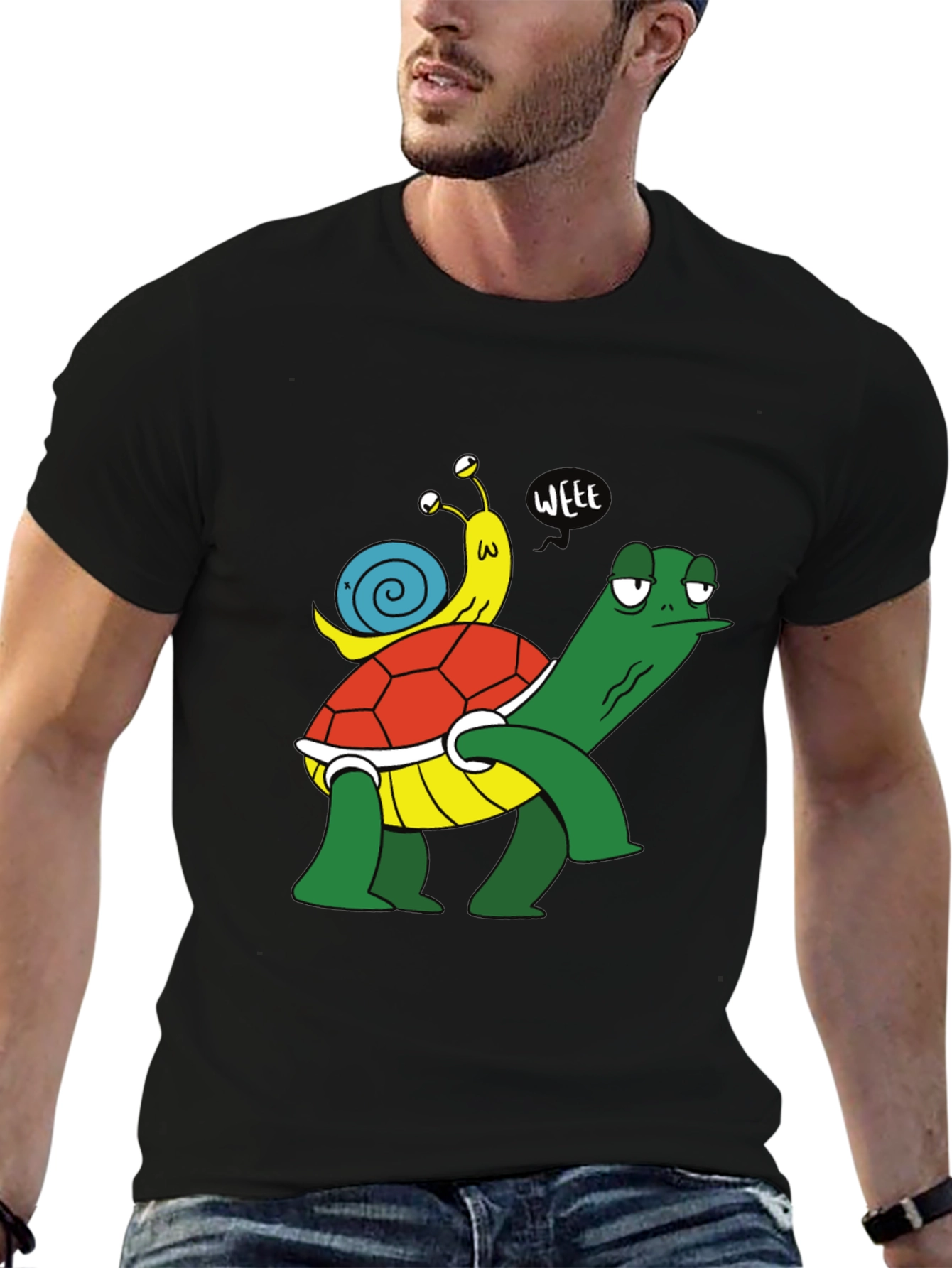 Funny Turtle and Snail Cartoon Black T-Shirt