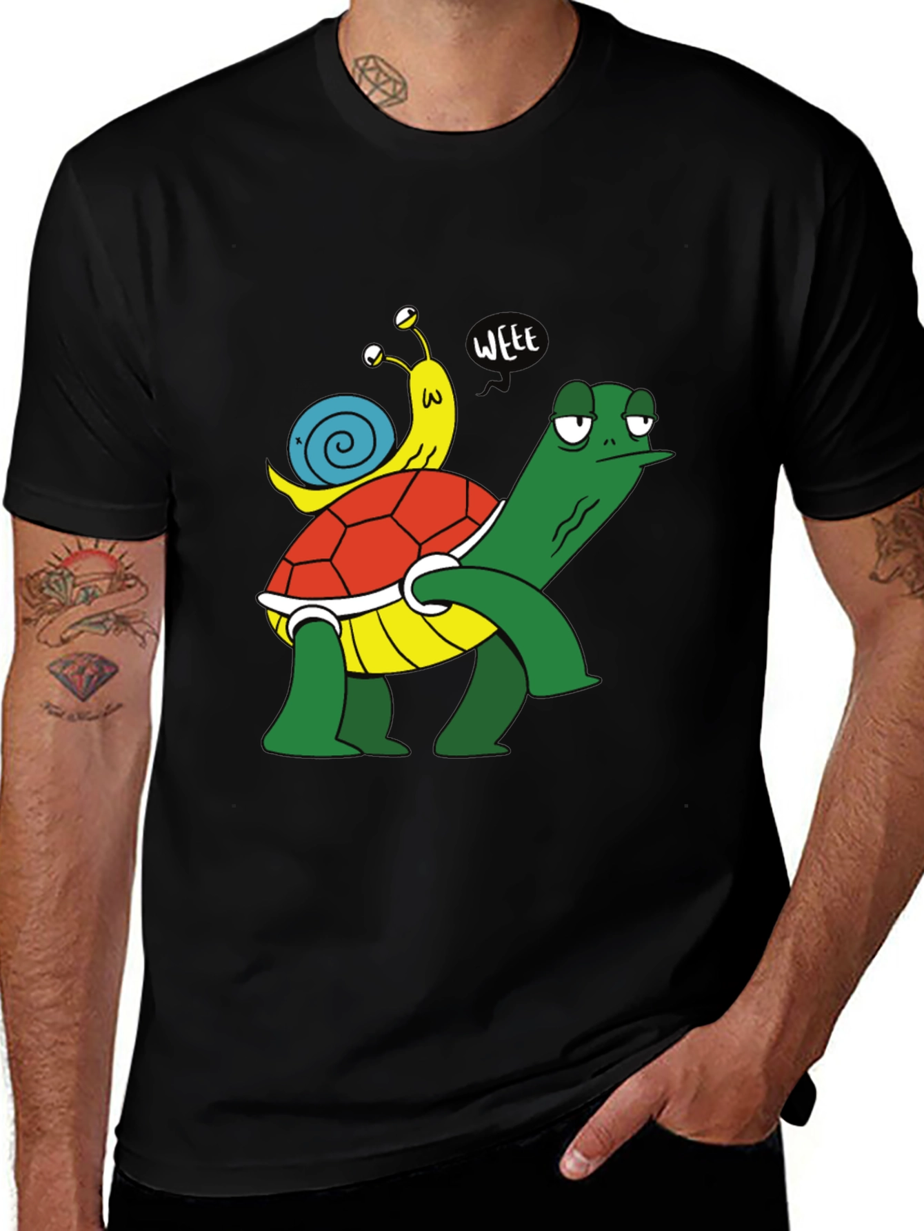 Funny Turtle and Snail Cartoon Black T-Shirt