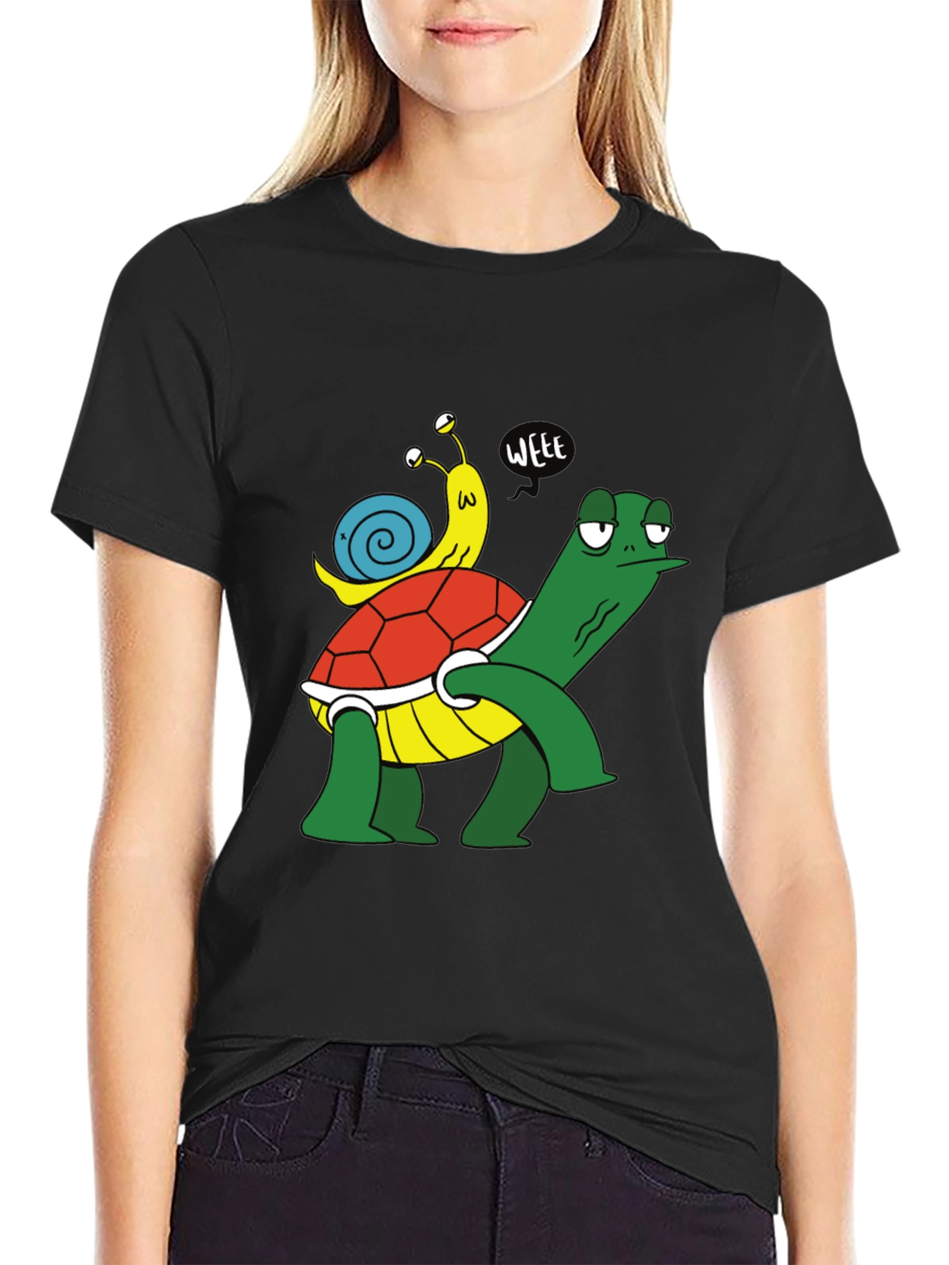 Funny Turtle and Snail Cartoon Black T-Shirt