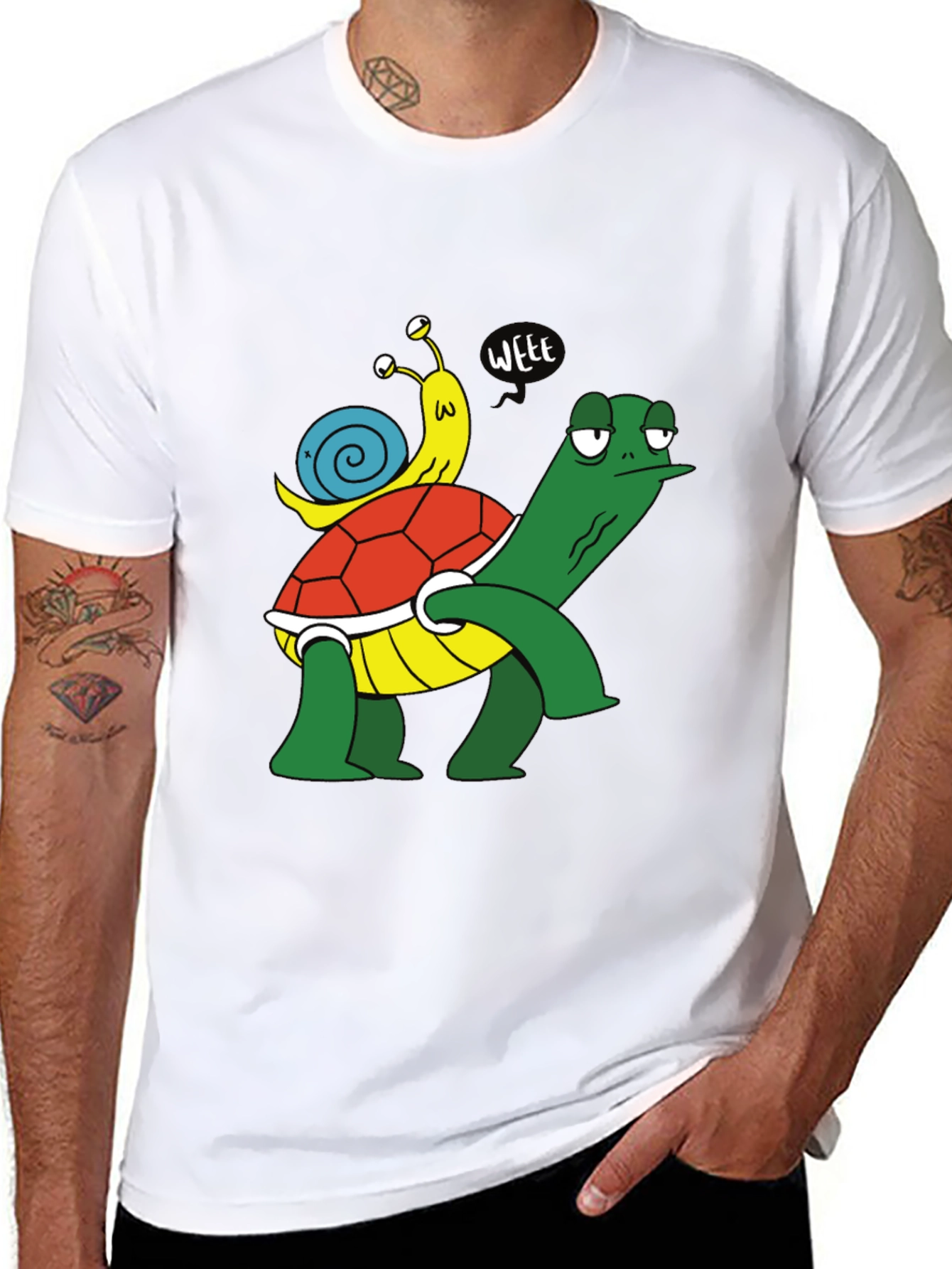Funny Turtle and Snail Cartoon Black T-Shirt