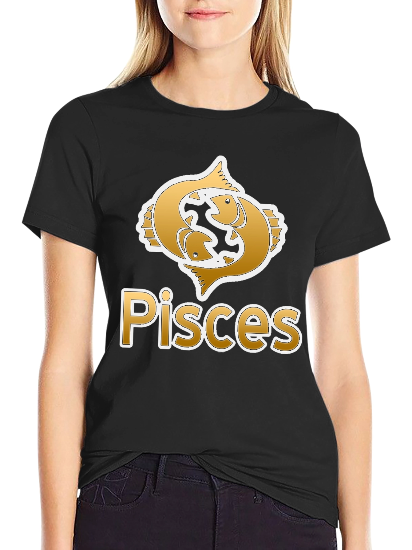 Pisces Zodiac Graphic Tee - Black Crew Neck