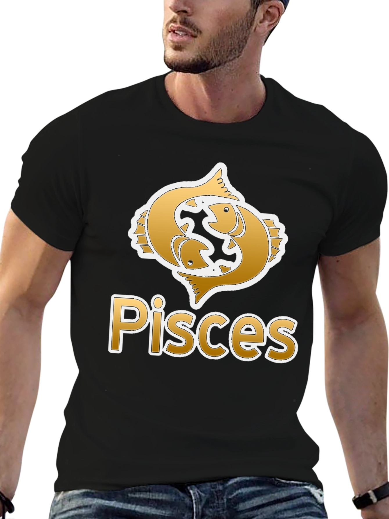 Pisces Zodiac Graphic Tee - Black Crew Neck