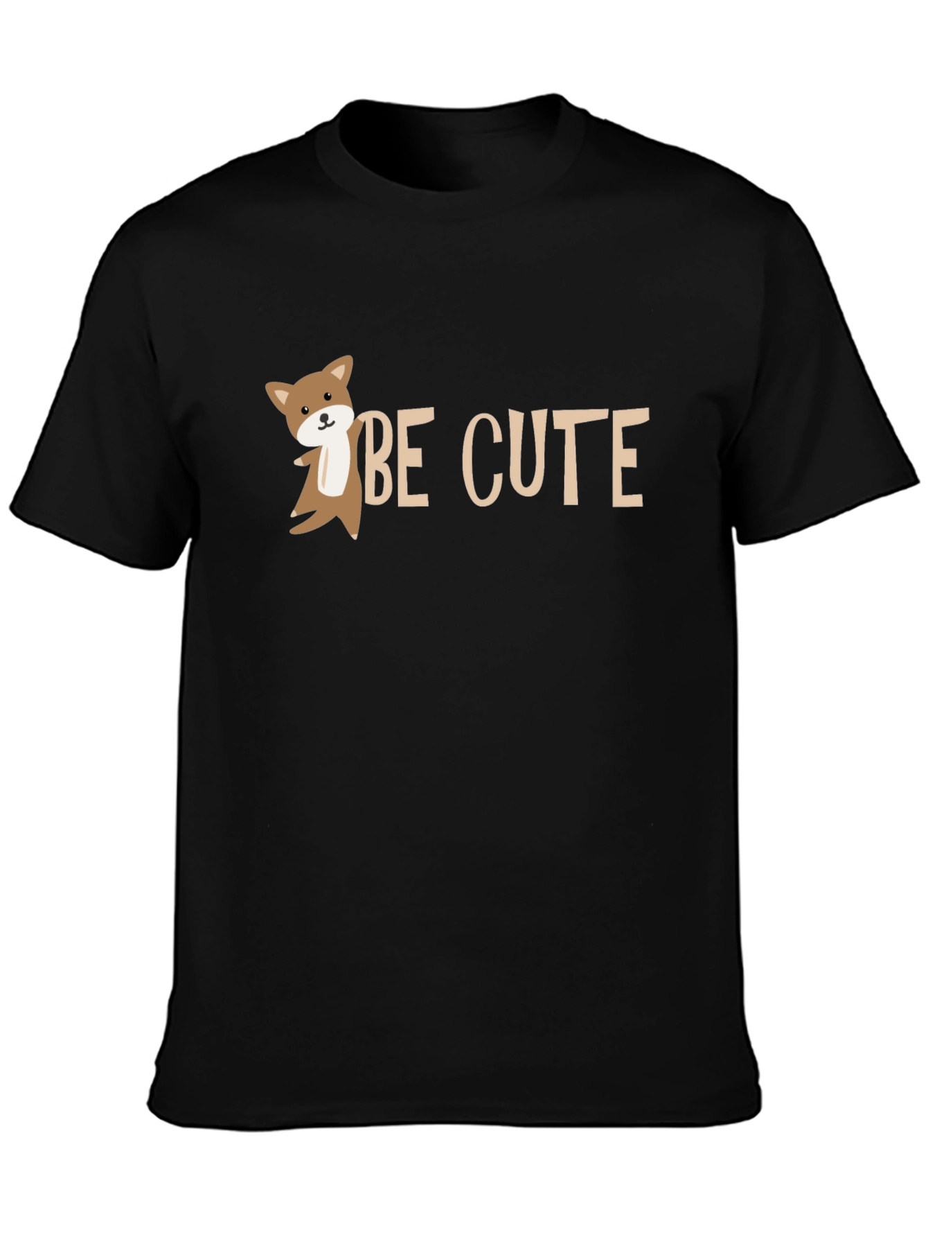 Be Cute Black T-Shirt with Cartoon Fox Design