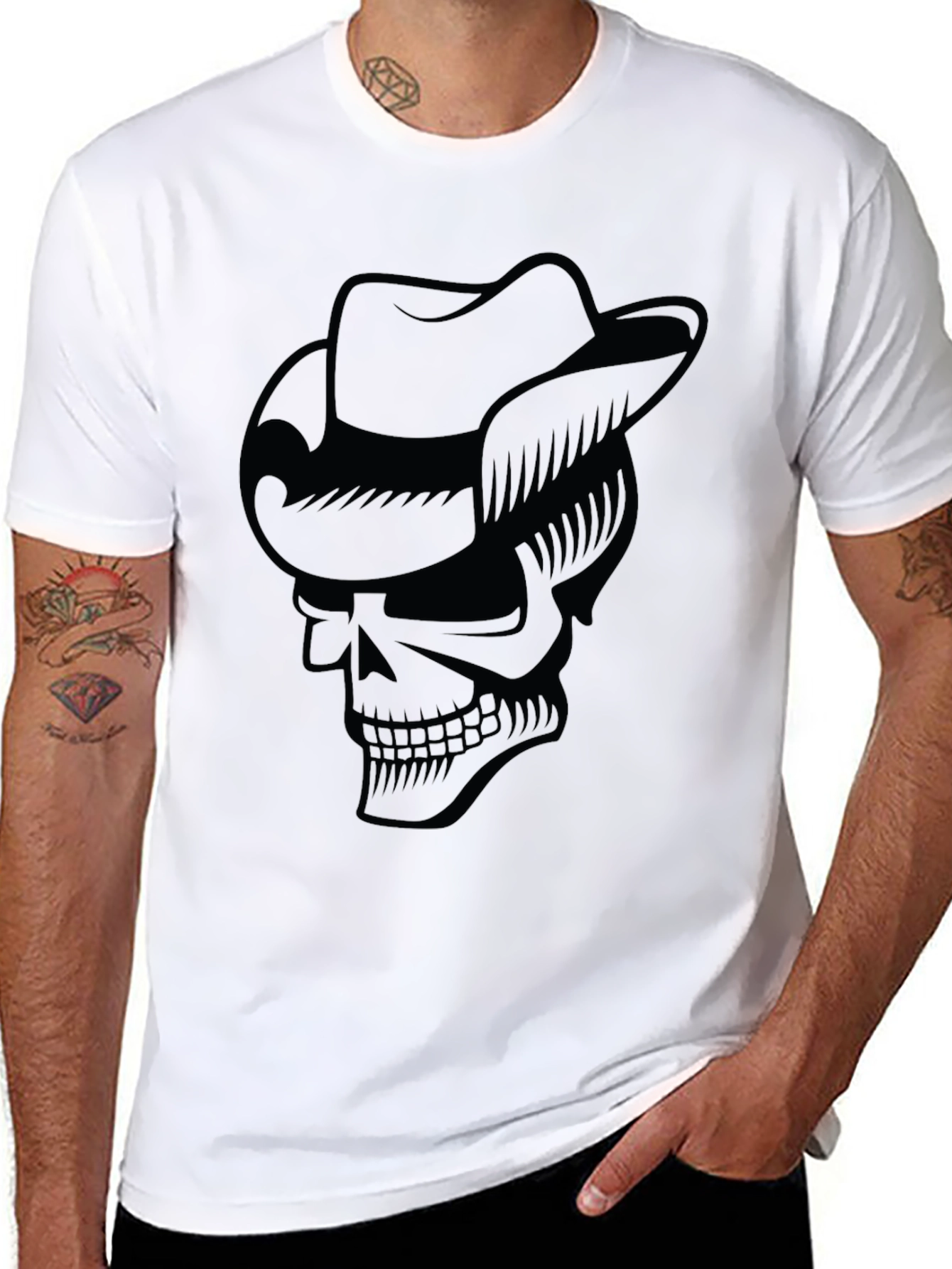 Skull Cowboy Hat Graphic T-Shirt - Cool Casual Tee