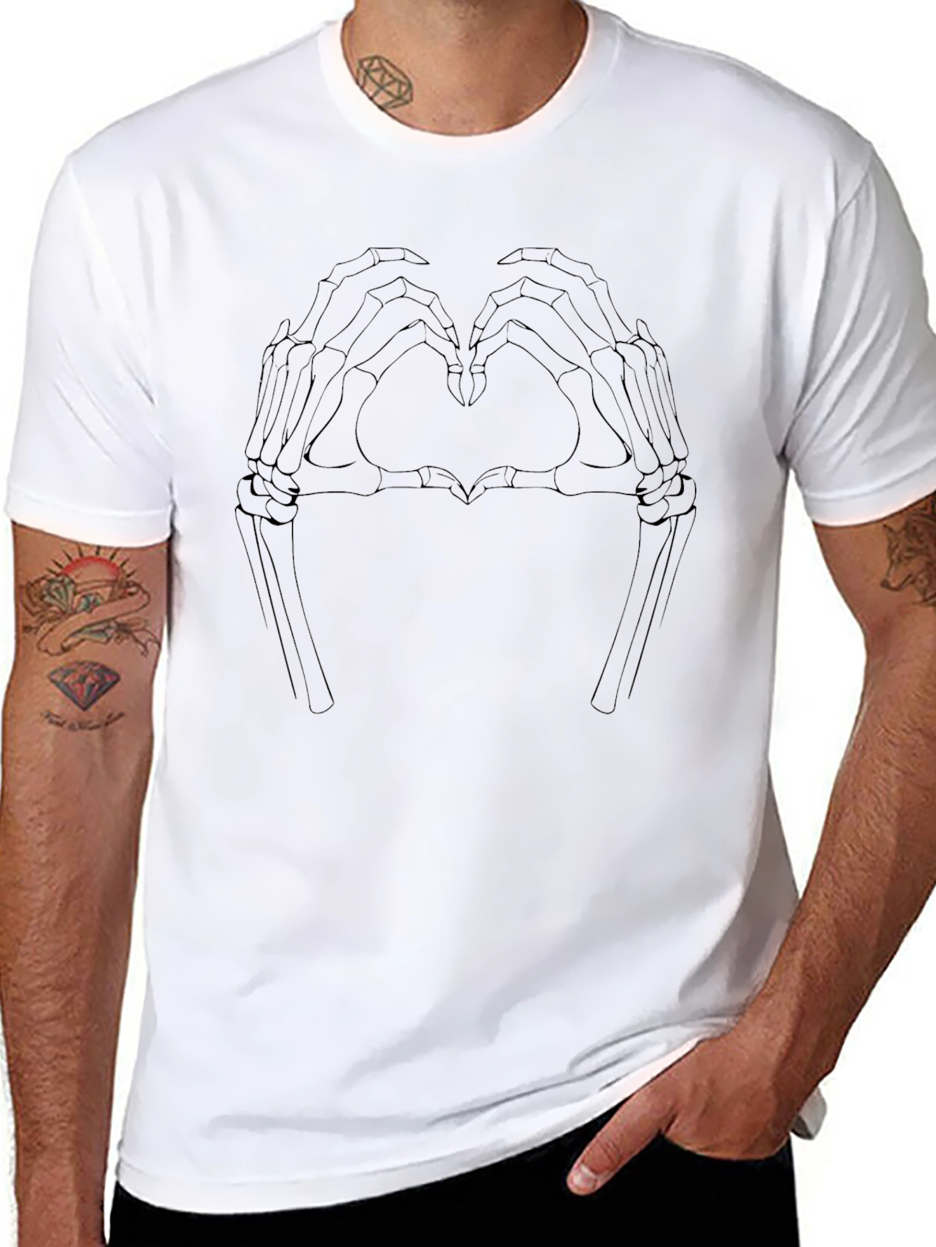 Skeleton Heart Hands Graphic Tee - Black