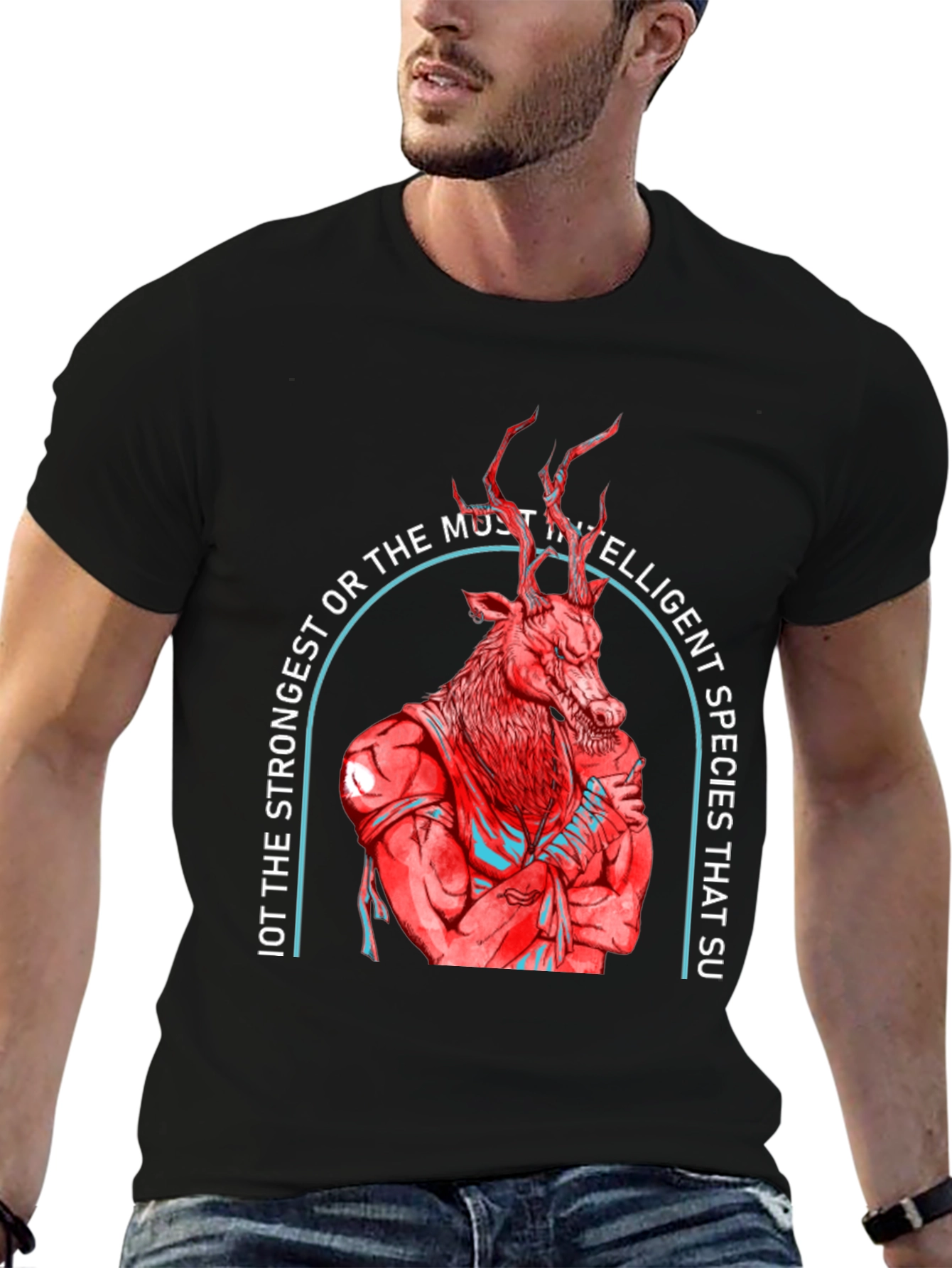 Strong Deer Graphic Tee - Black Cotton