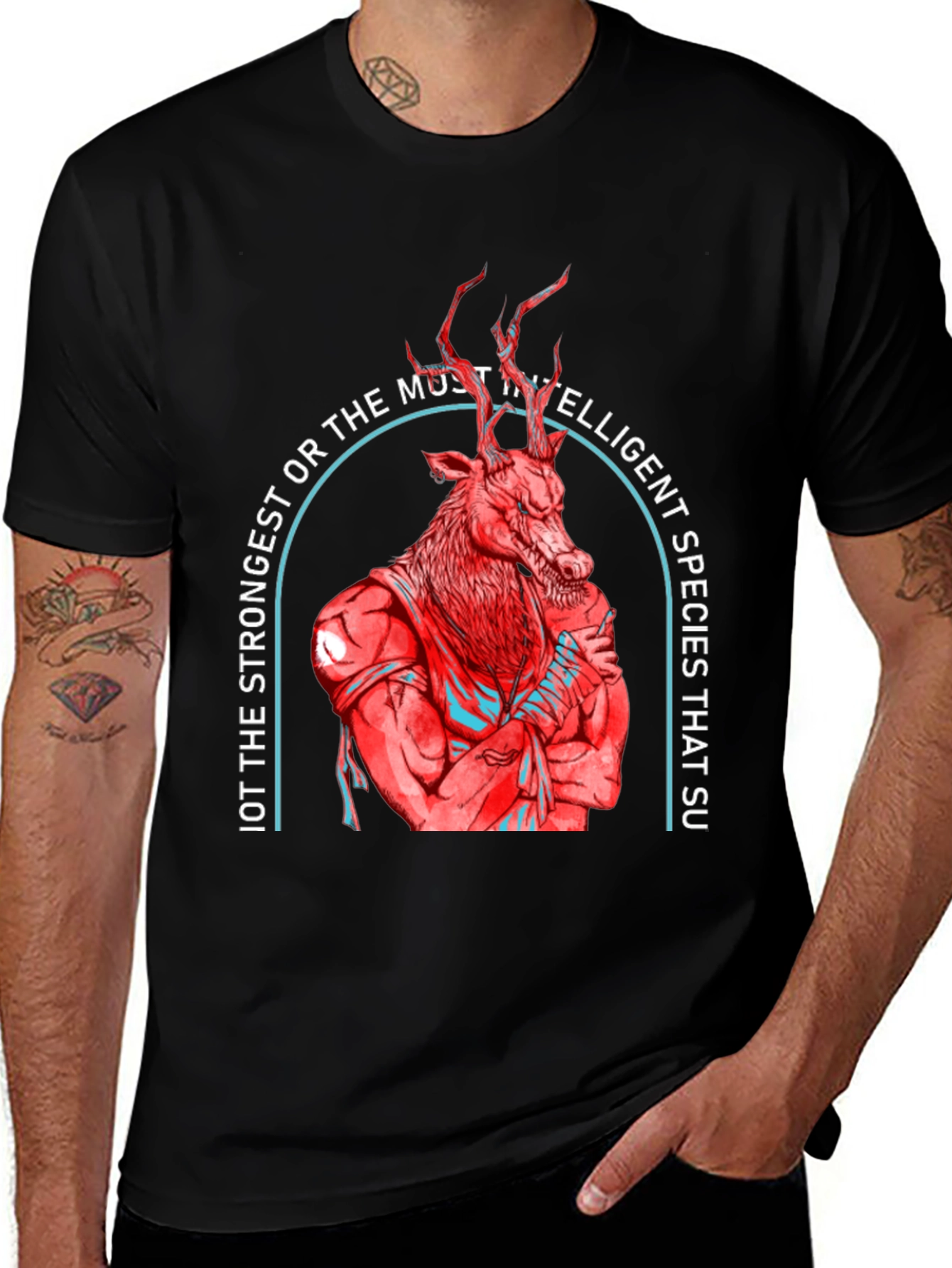 Strong Deer Graphic Tee - Black Cotton