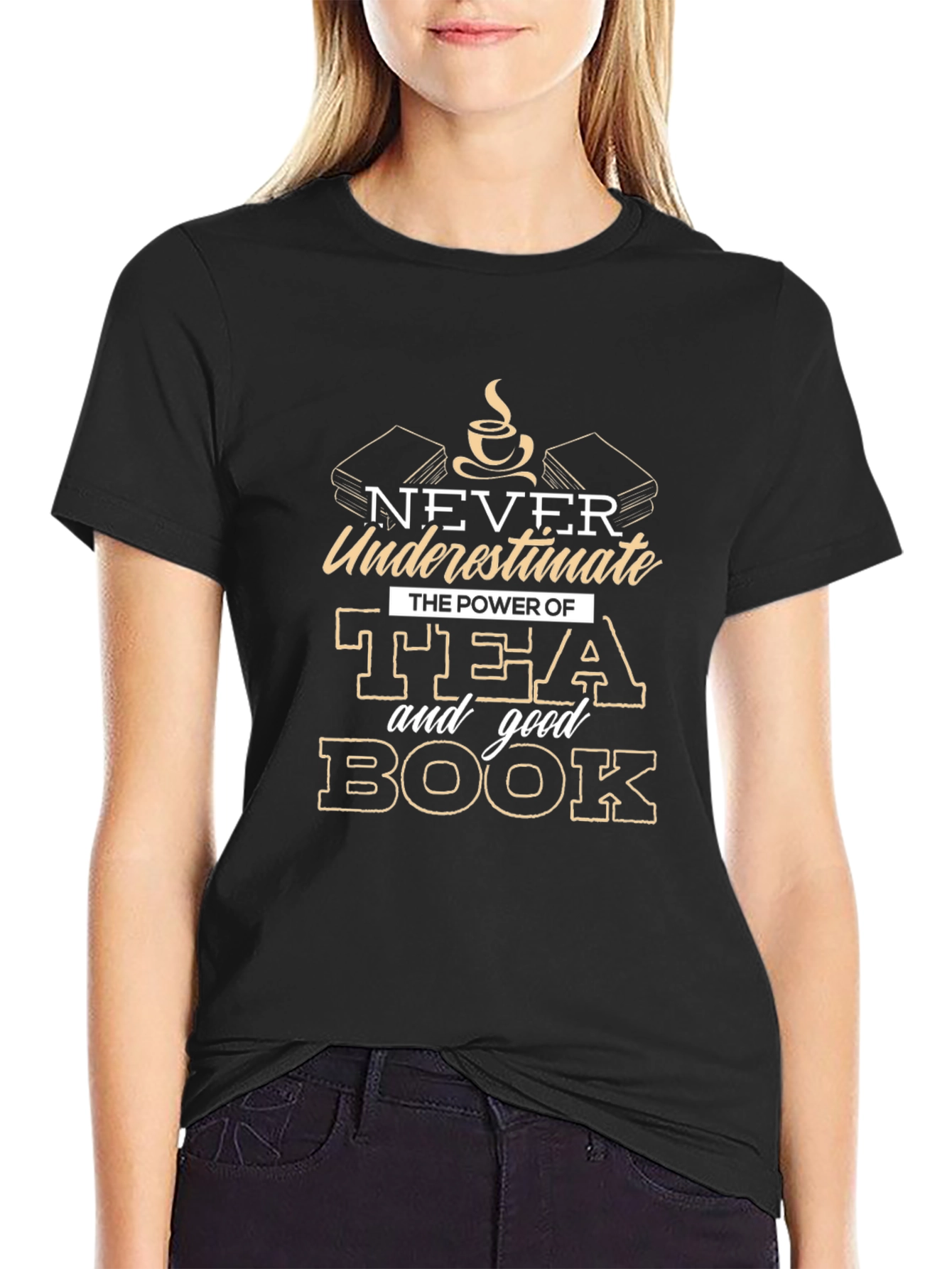 Tea and Book Graphic Tee - Black Cotton T-Shirt