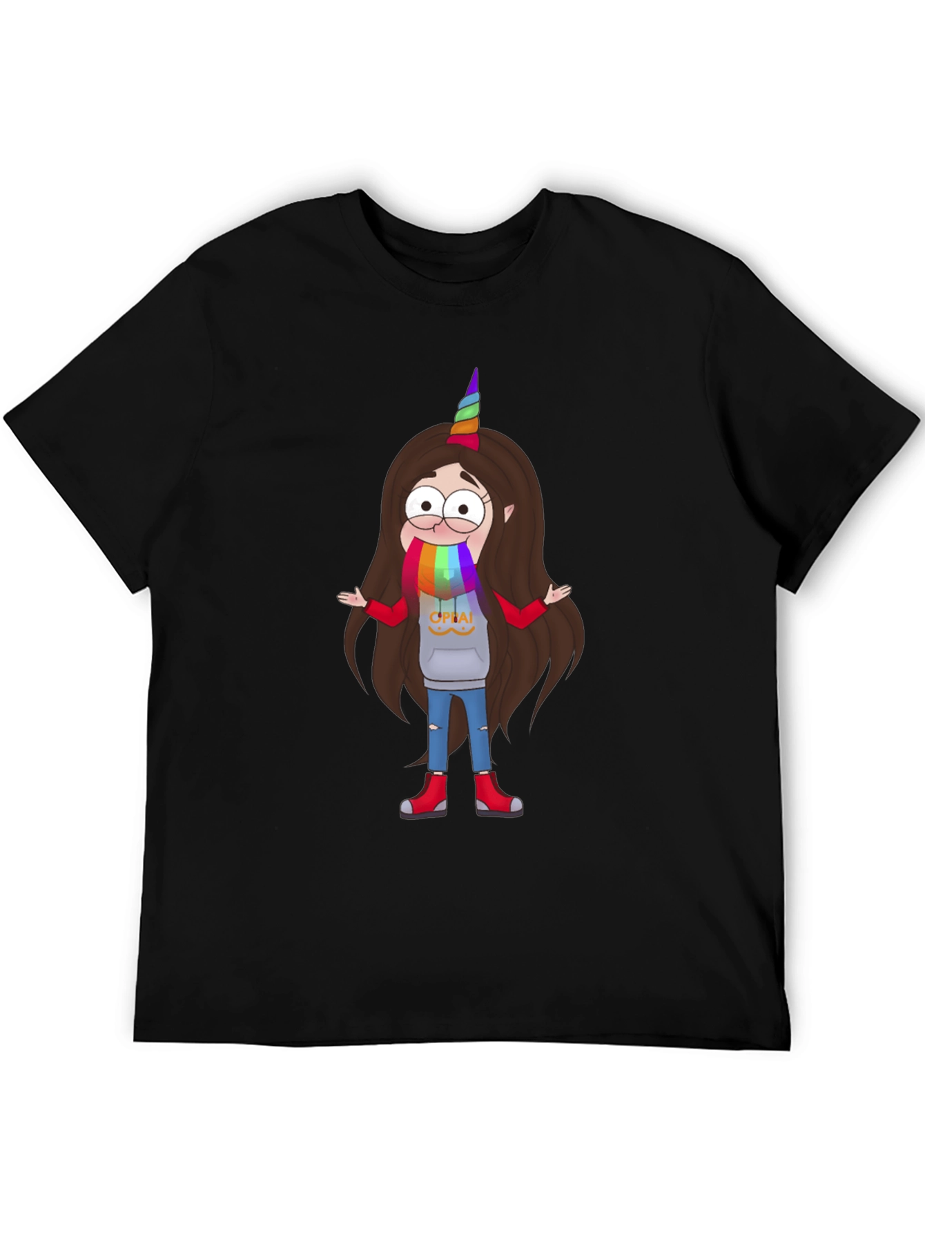 Cartoon Unicorn Character Black T-Shirt