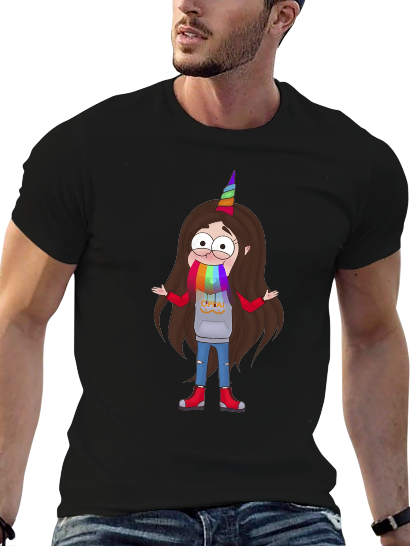 Cartoon Unicorn Character Black T-Shirt