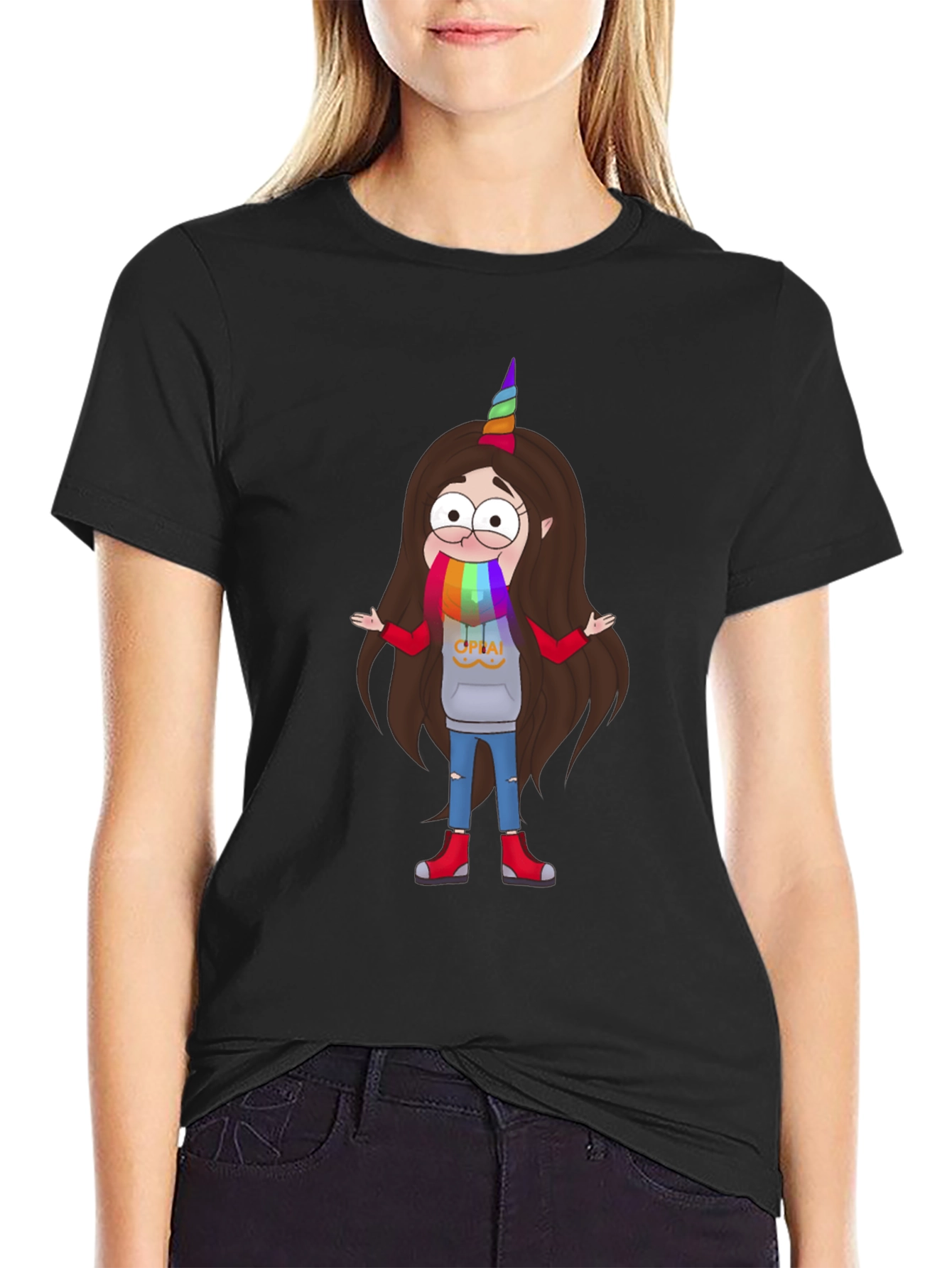 Cartoon Unicorn Character Black T-Shirt