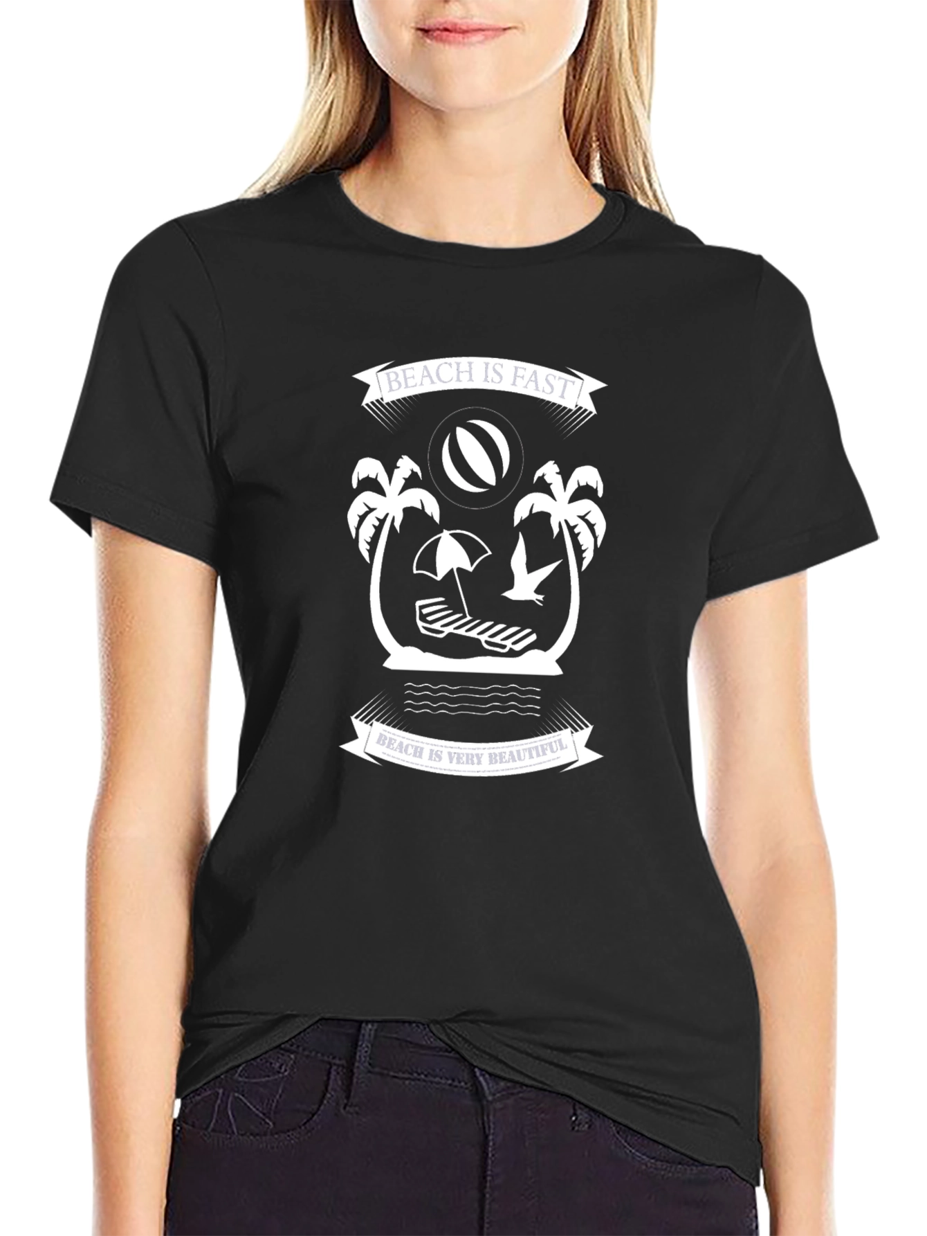 Black Graphic Tee: Beach is Fast/Beautiful