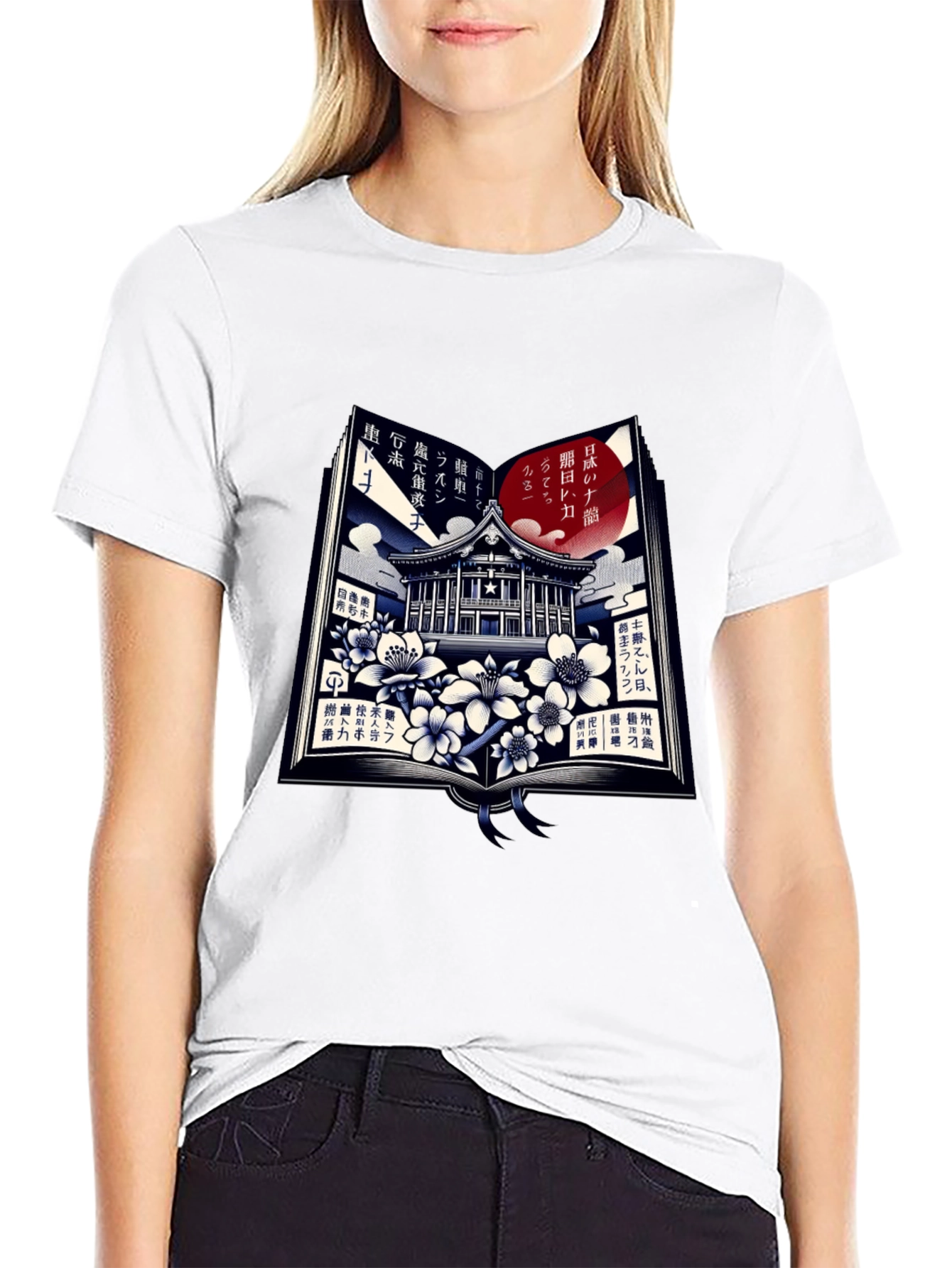 Japanese Book T-Shirt - Temple and Cherry Blossoms