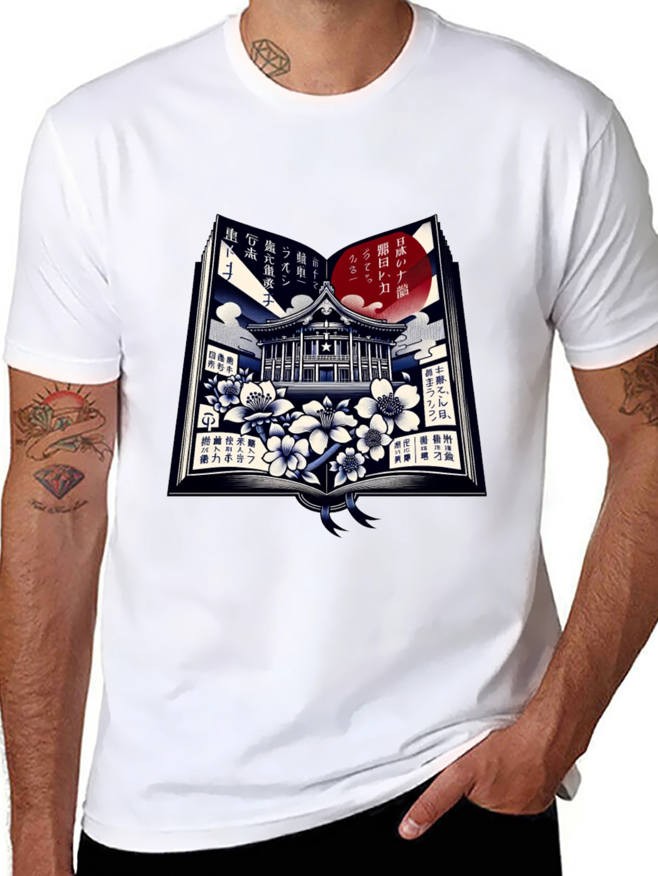 Japanese Book T-Shirt - Temple and Cherry Blossoms