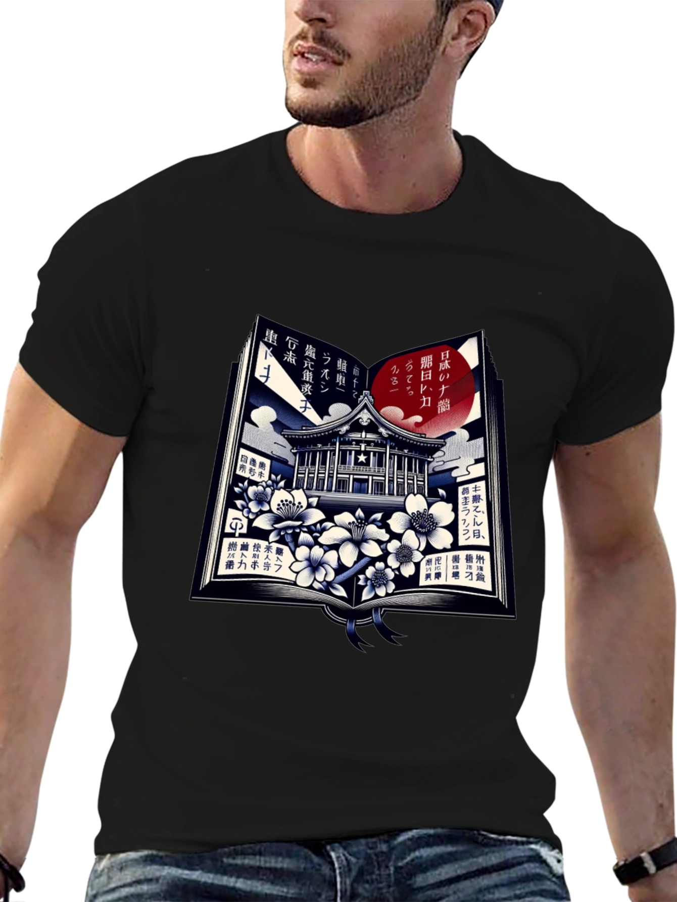 Japanese Book T-Shirt - Temple and Cherry Blossoms