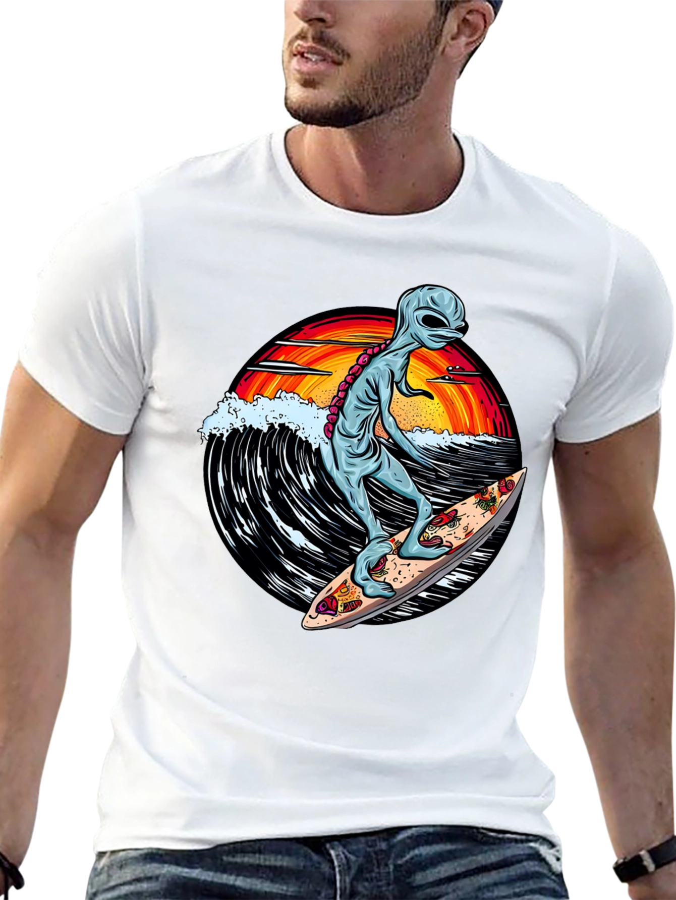 Alien Surfing Pizza T-Shirt
