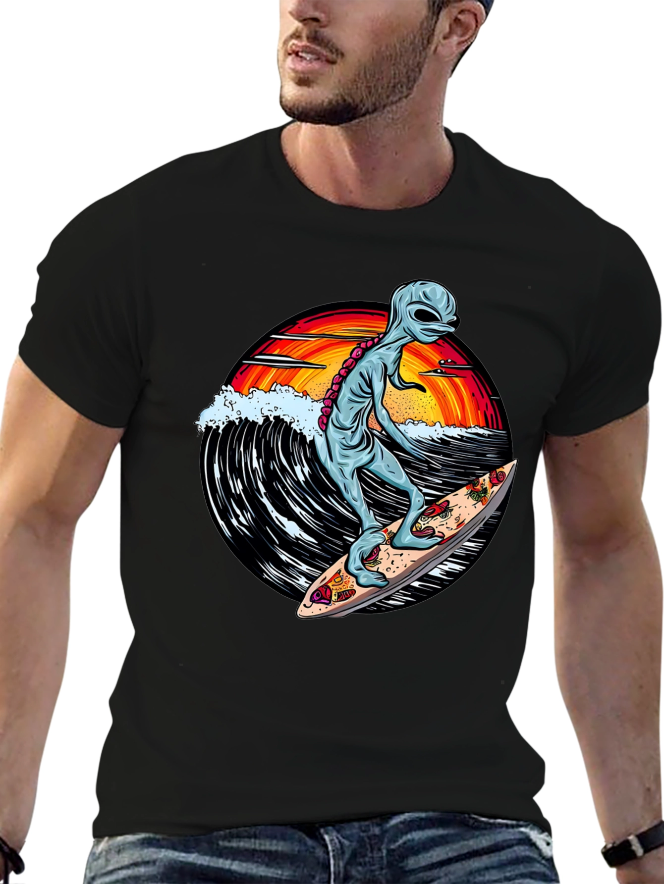 Alien Surfing Pizza T-Shirt