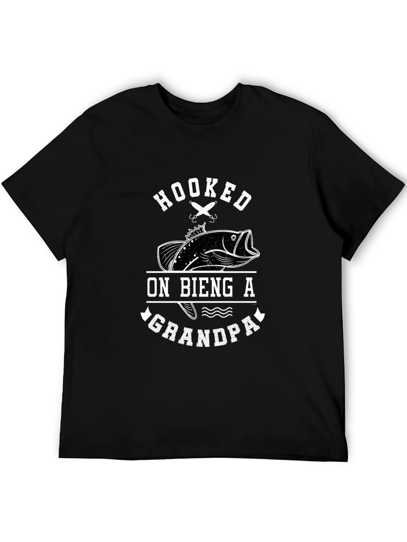 Hooked on Being a Grandpa Black Graphic T-Shirt